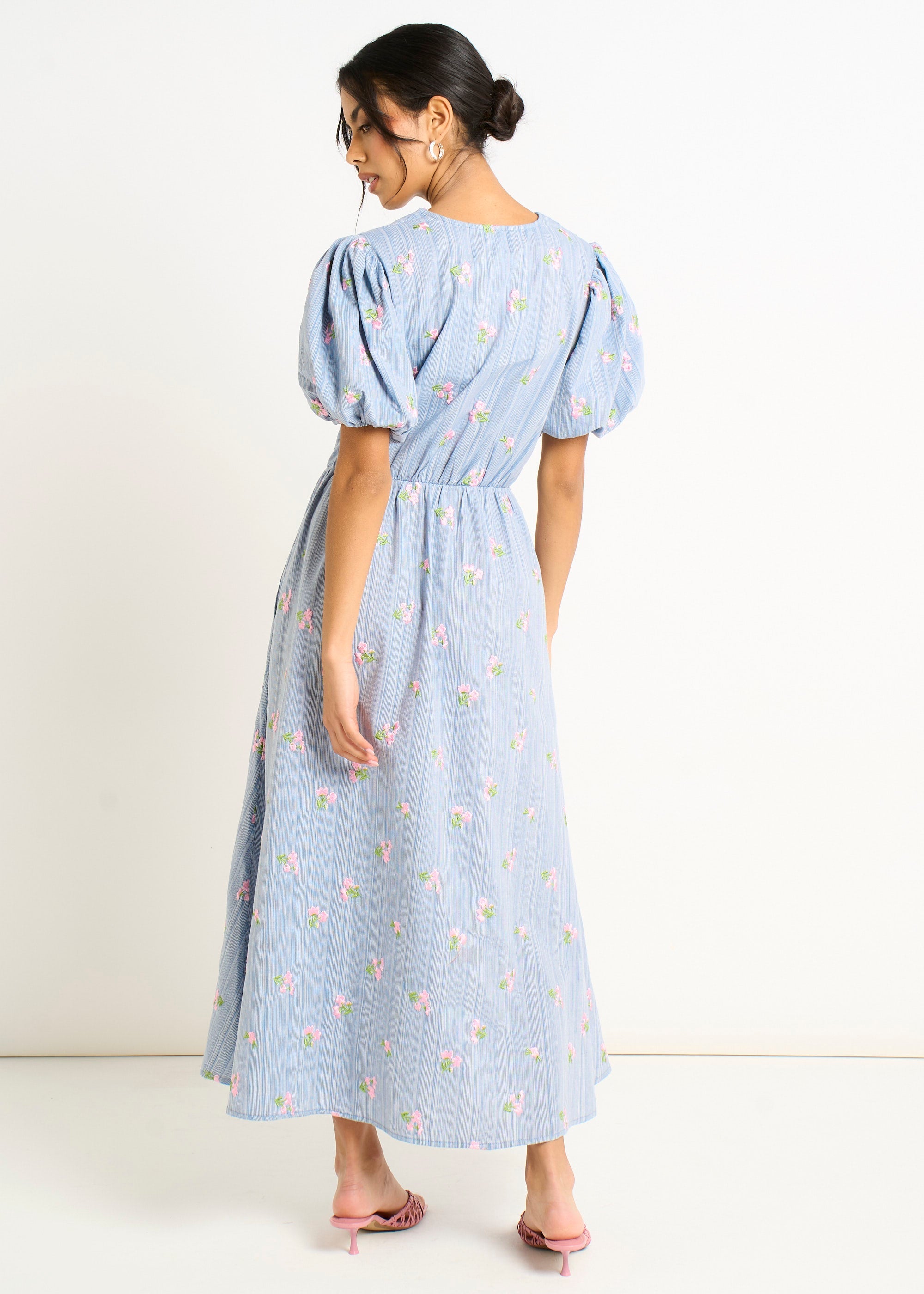 Gini London Blue Cotton Mix Tie Detail Puff Sleeves Midi Dress