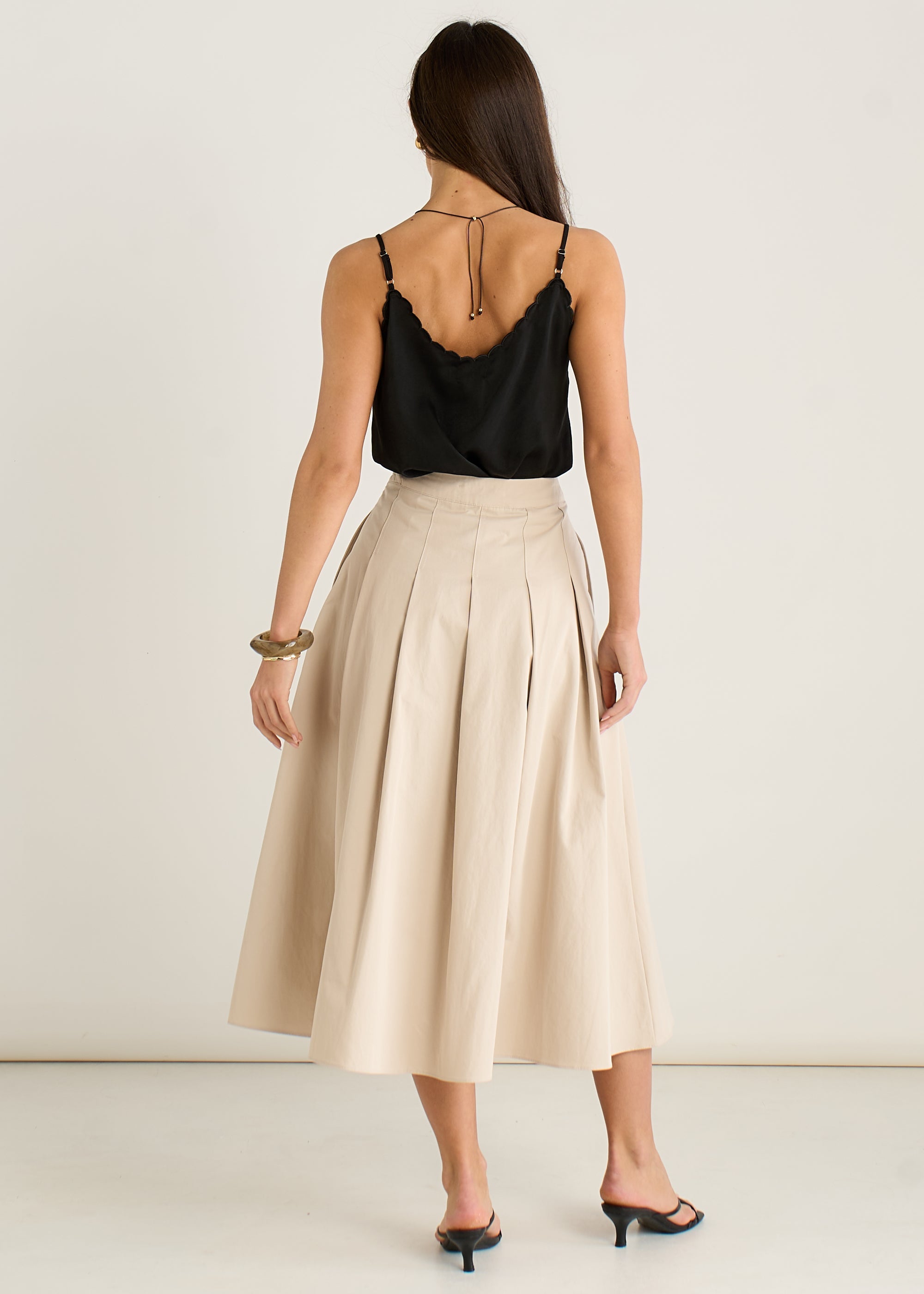 Stone Cotton Pleated Full Midi Skirt