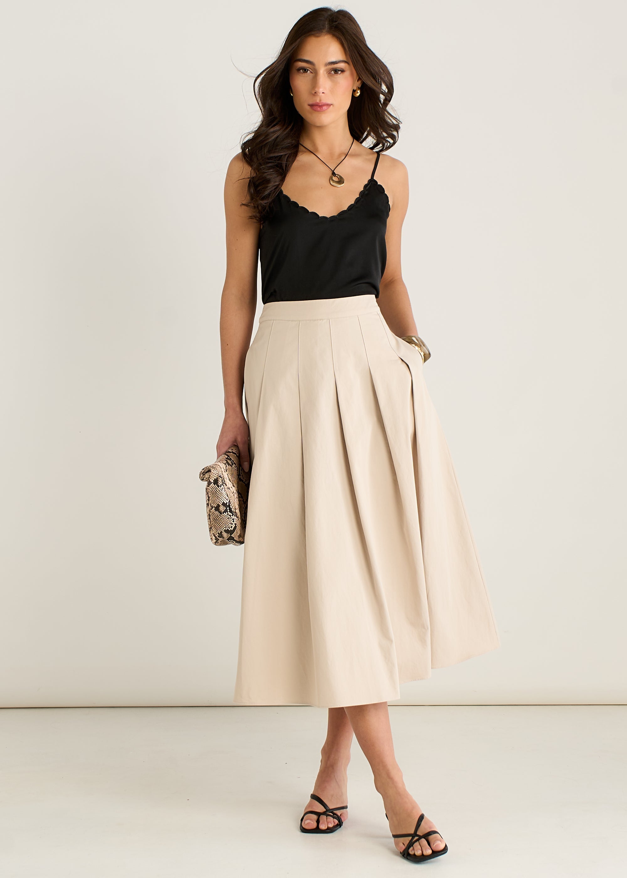 Stone Cotton Pleated Full Midi Skirt