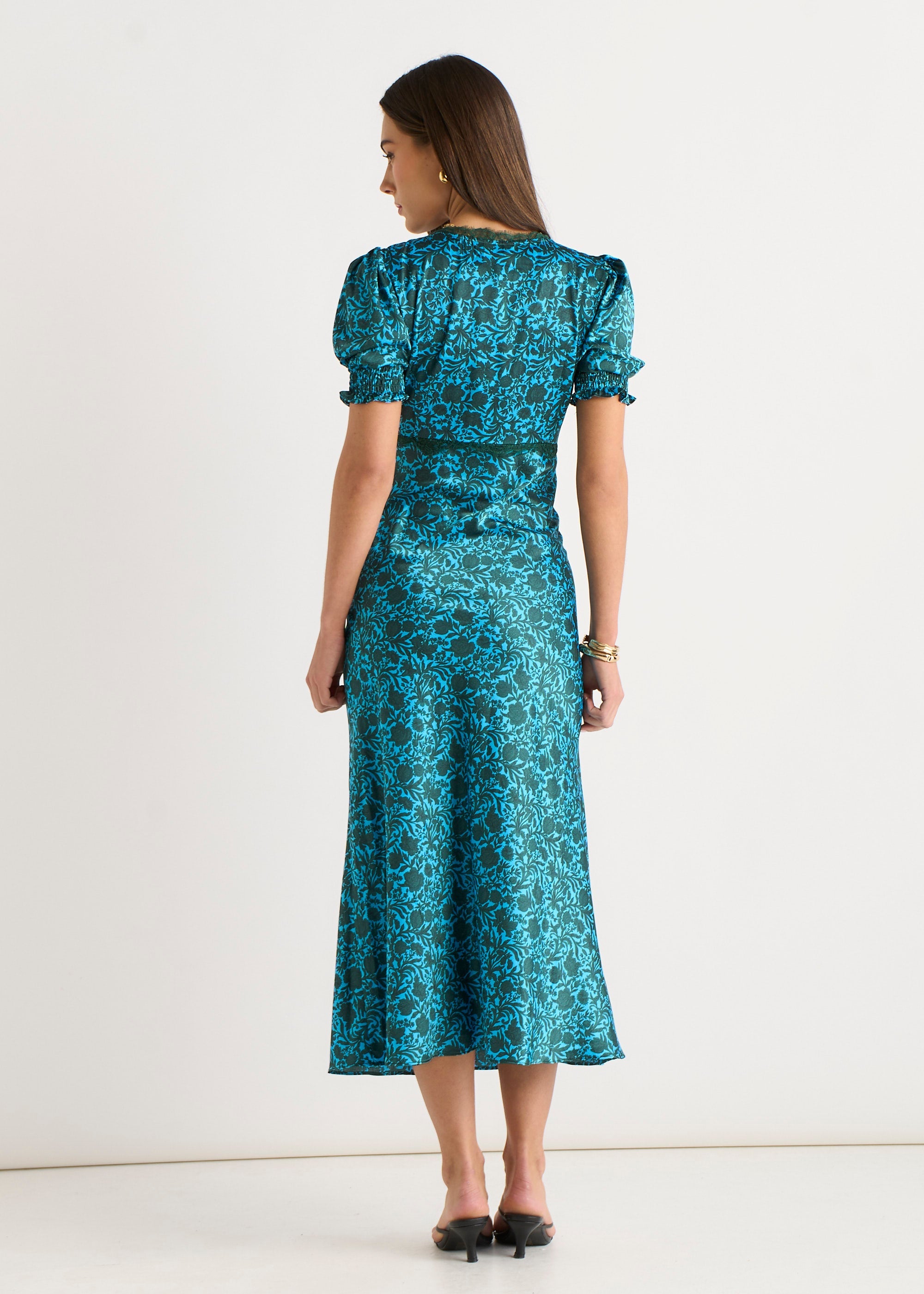 Gini London Green Floral Lace Trim V Neck Midi Dress