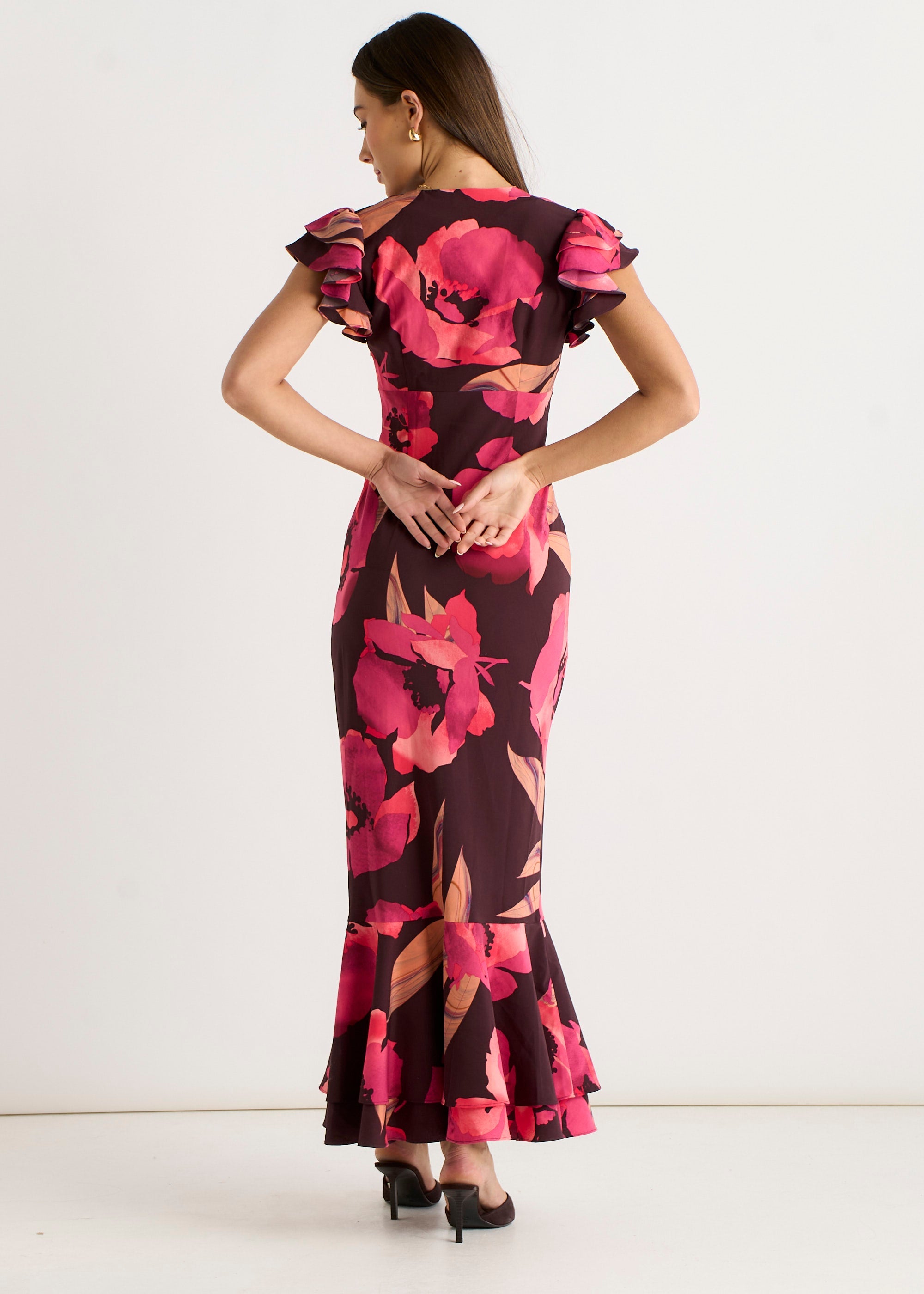 Gini London Gini London Brown Ruffle Sleeve Floral Maxi Dress