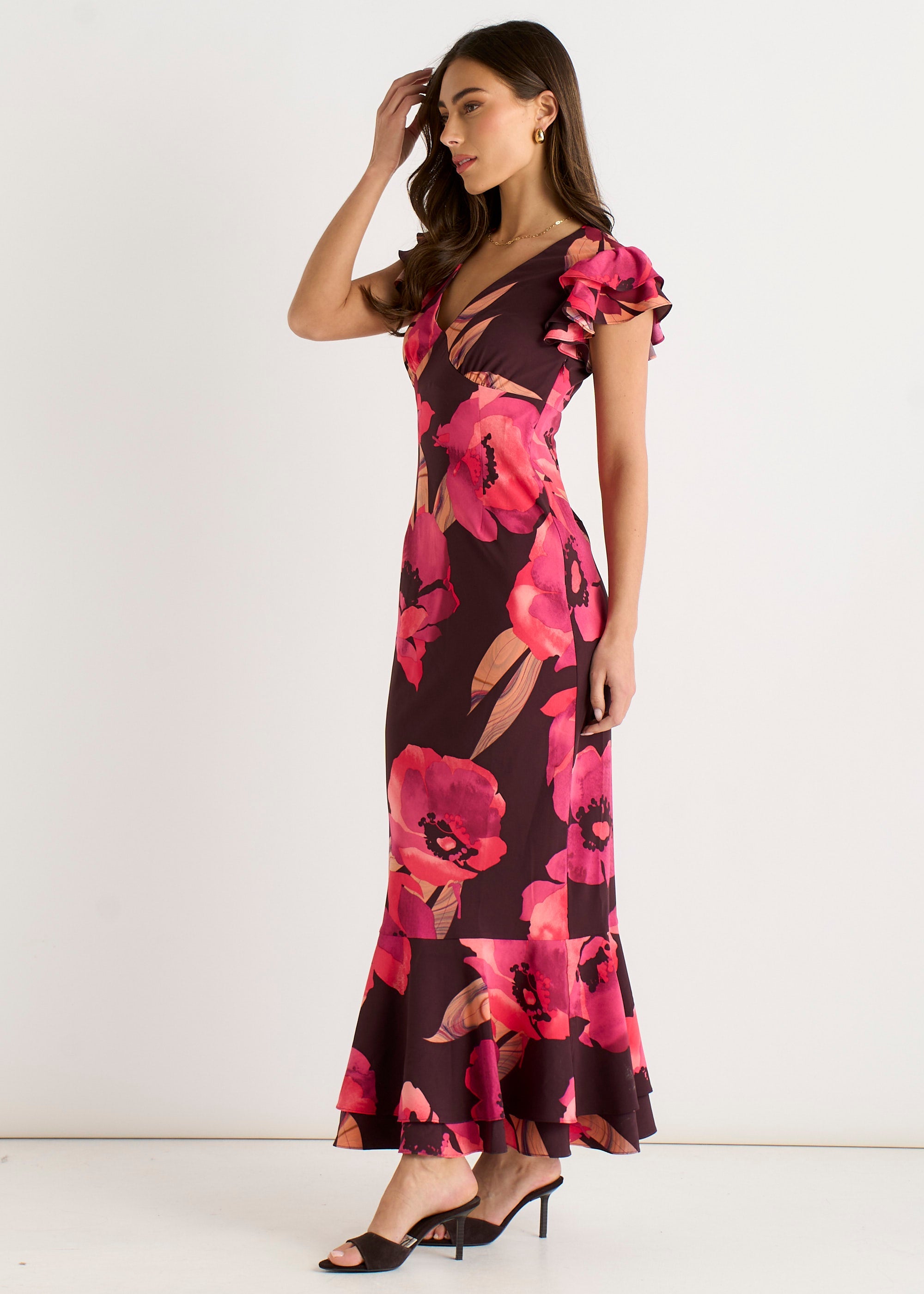 Gini London Gini London Brown Ruffle Sleeve Floral Maxi Dress