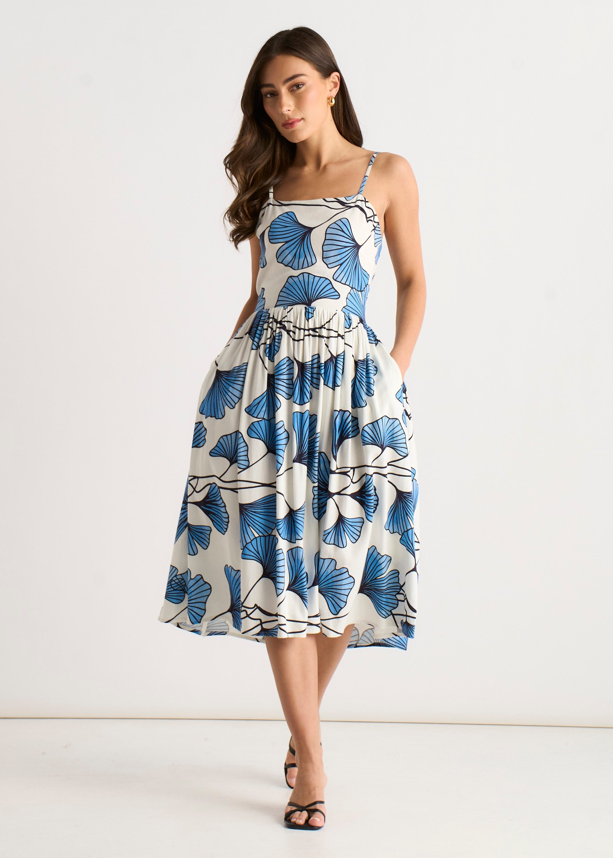 Gini London Blue Floral Linen Mix Cami Dress