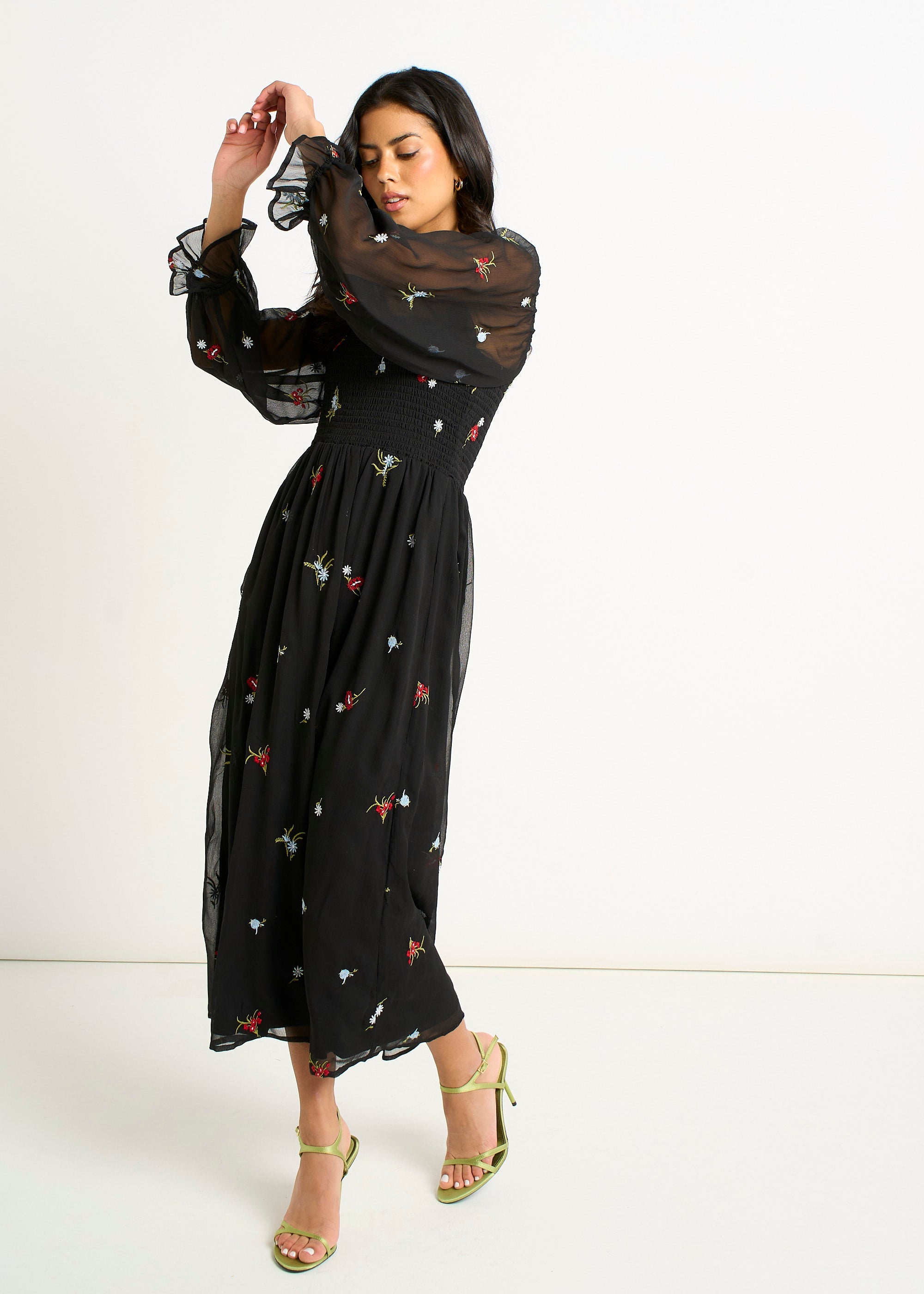 Gini London Black Chiffon Floral Embroidered Dress