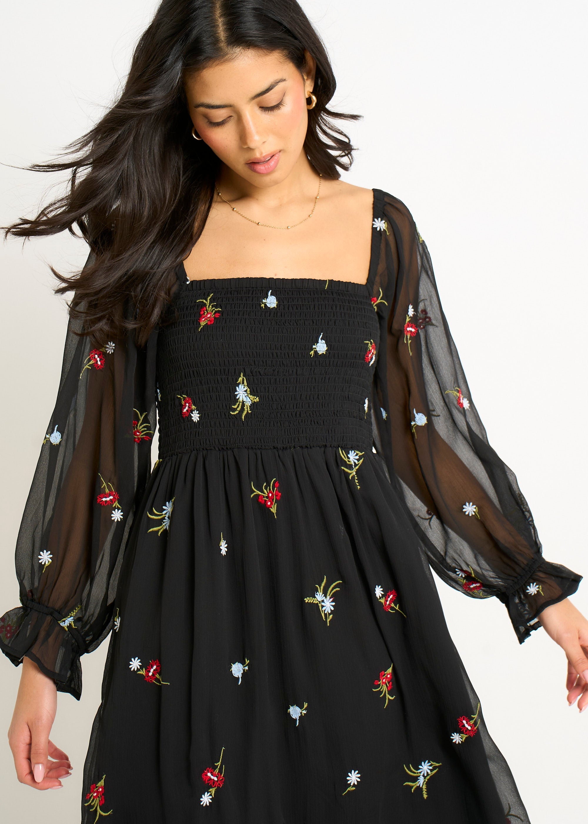 Gini London Black Chiffon Floral Embroidered Dress