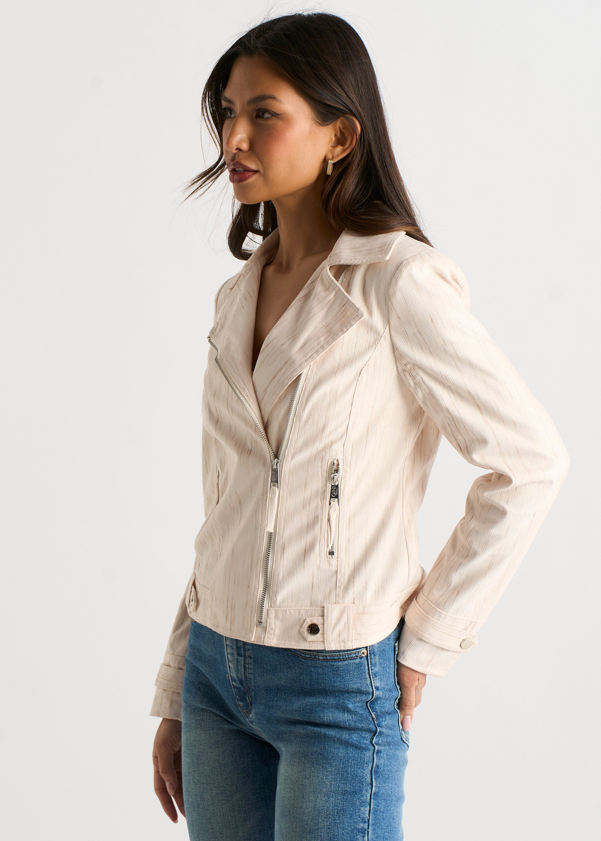 Gini London Beige Corduroy Asymmetrical Zip Moto Jacket