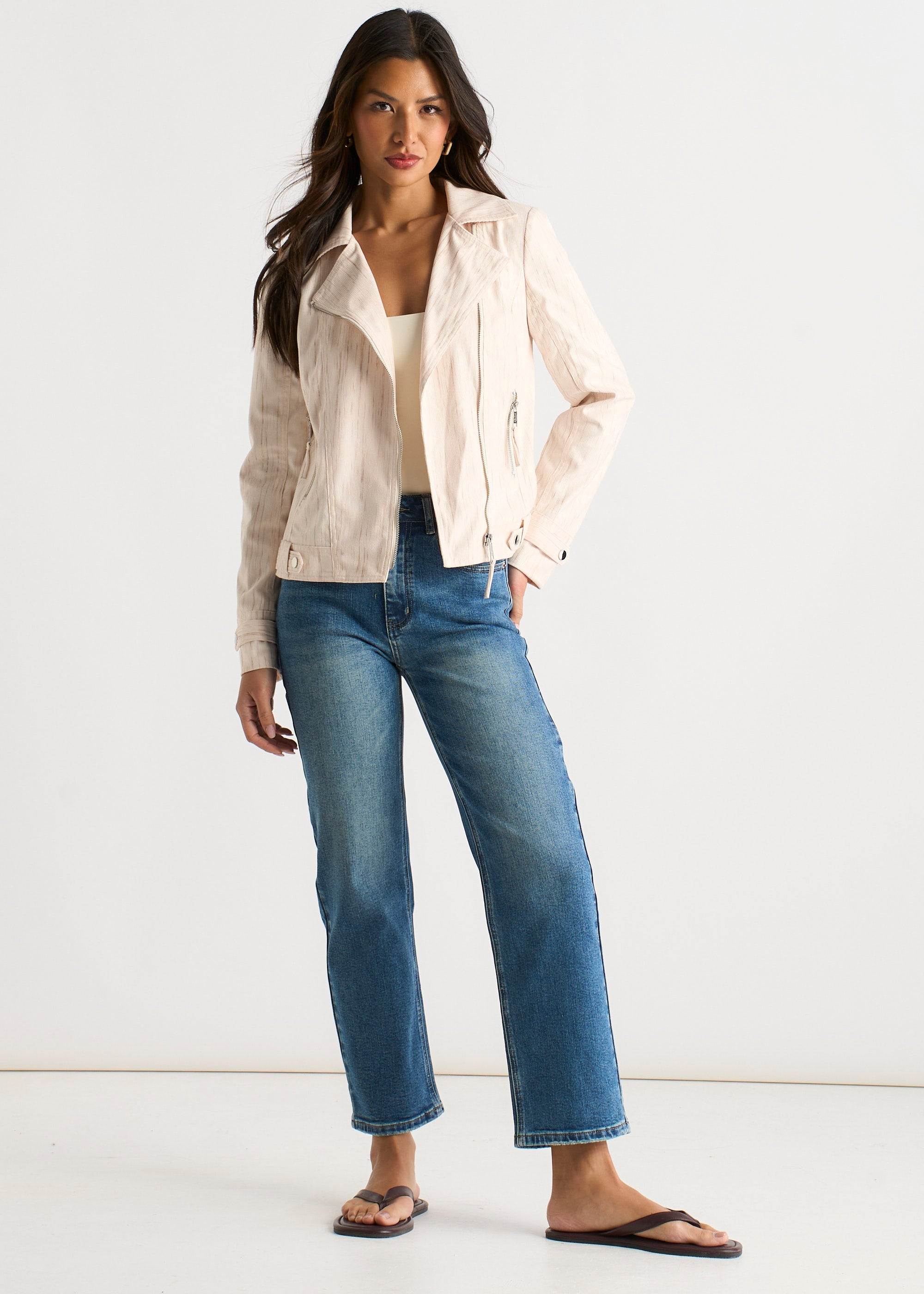 Gini London Beige Corduroy Asymmetrical Zip Moto Jacket
