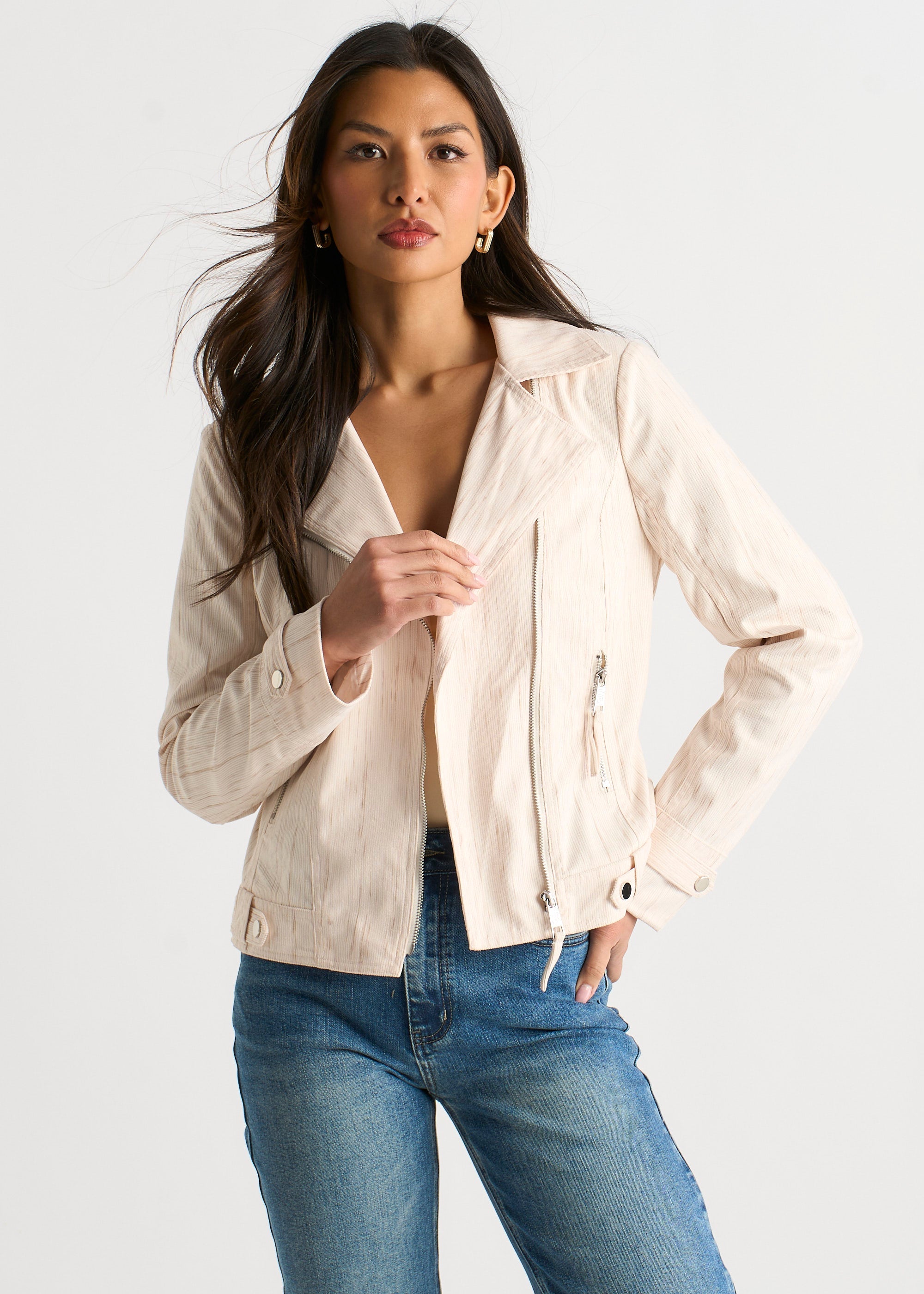 Gini London Beige Corduroy Asymmetrical Zip Moto Jacket