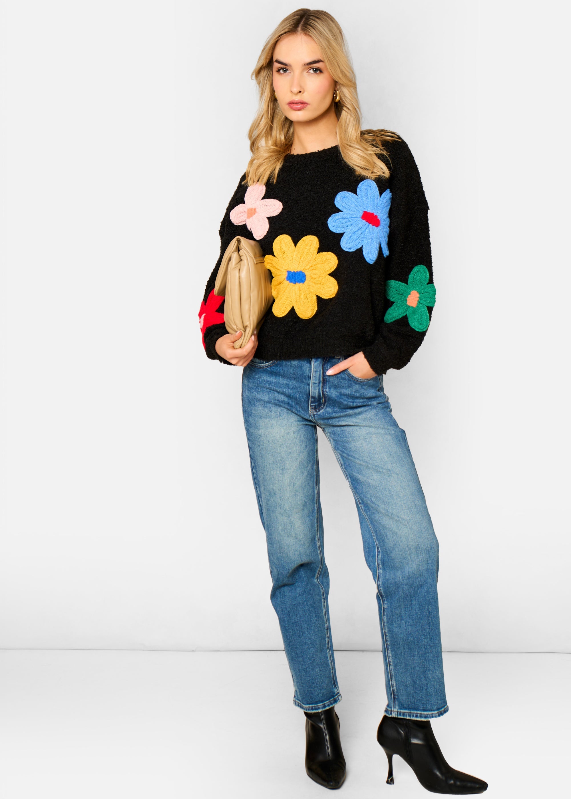 Gini London Black 3D Flower Crochet Knitted Jumper