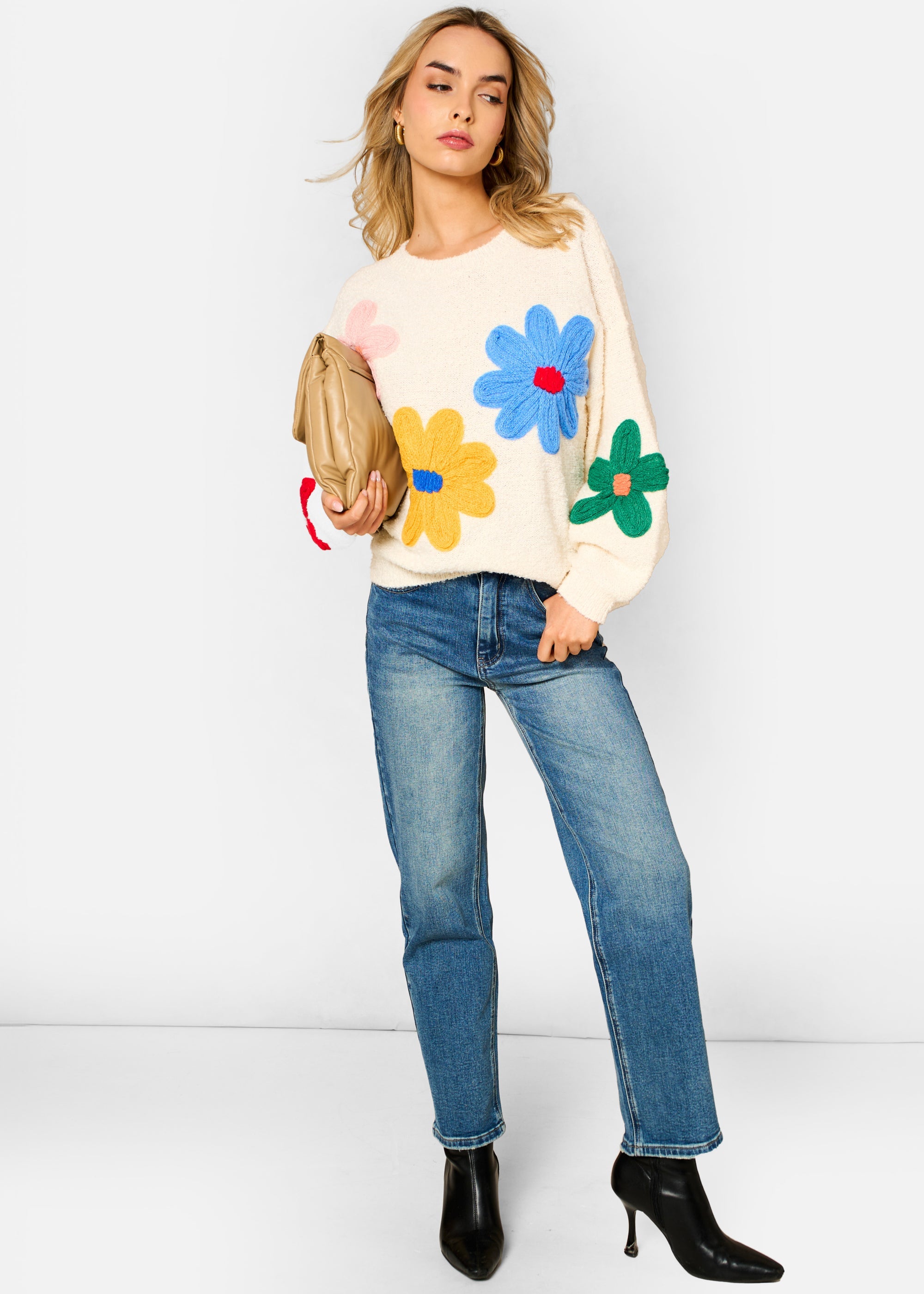 Cream 3D Flower Crochet Knitted Jumper