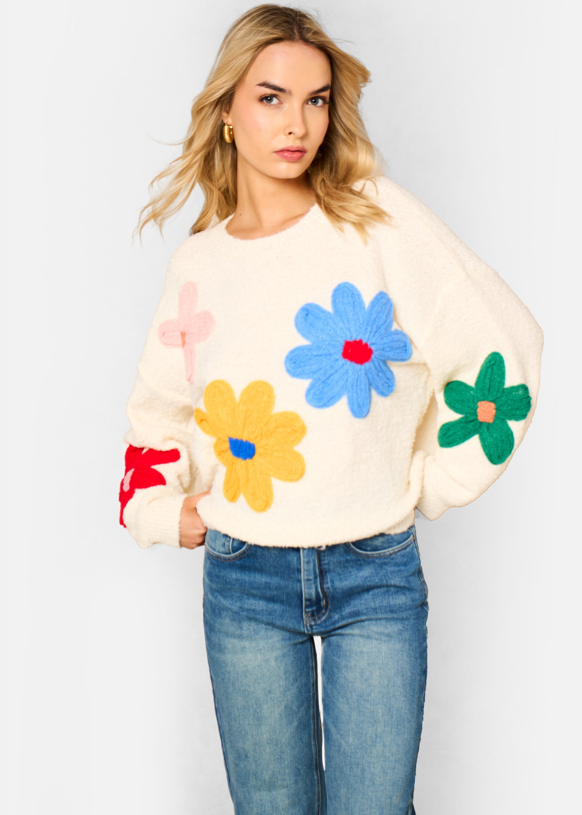 Cream 3D Flower Crochet Knitted Jumper