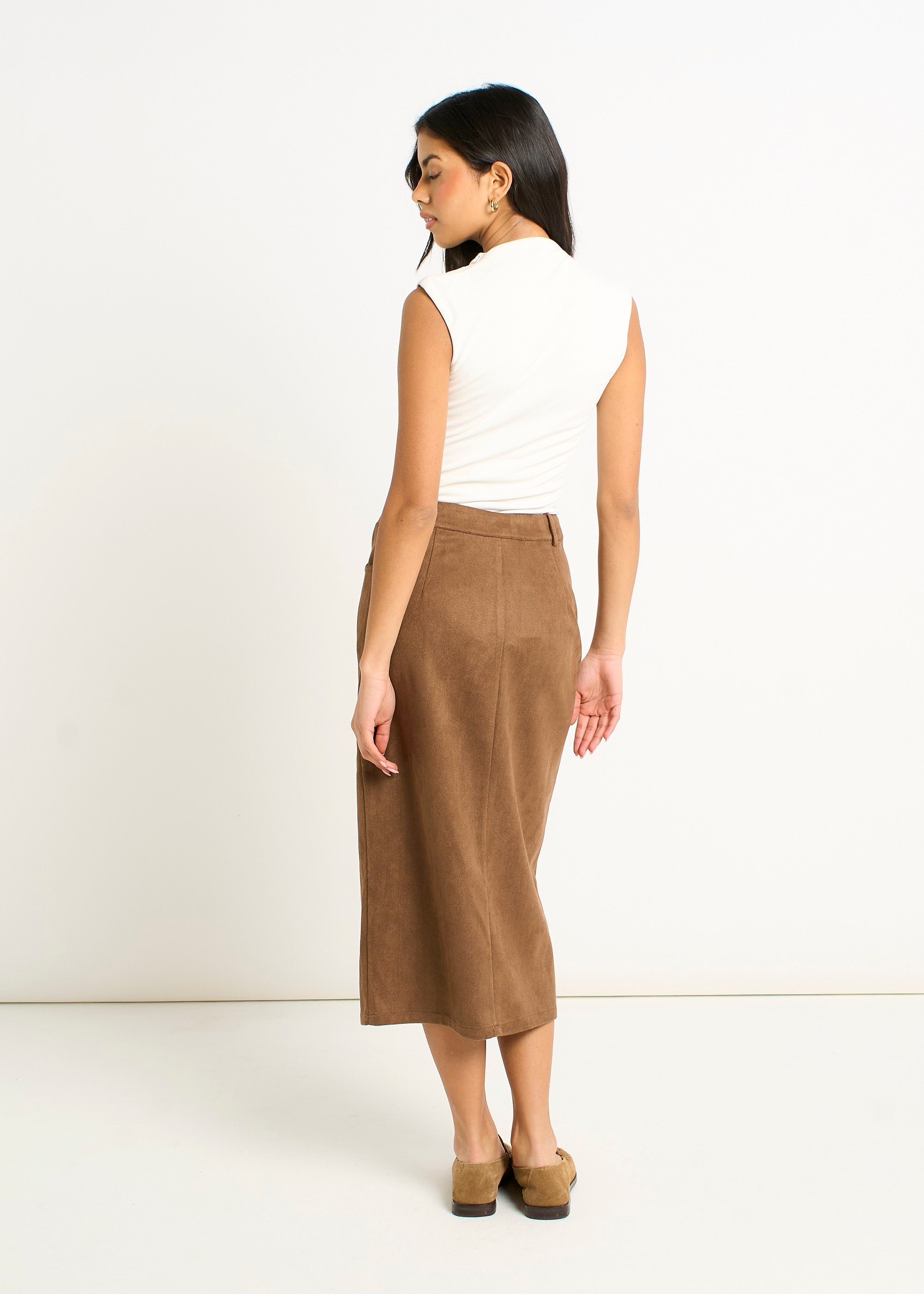 Gini London Brown Faux Suede Pencil Skirt