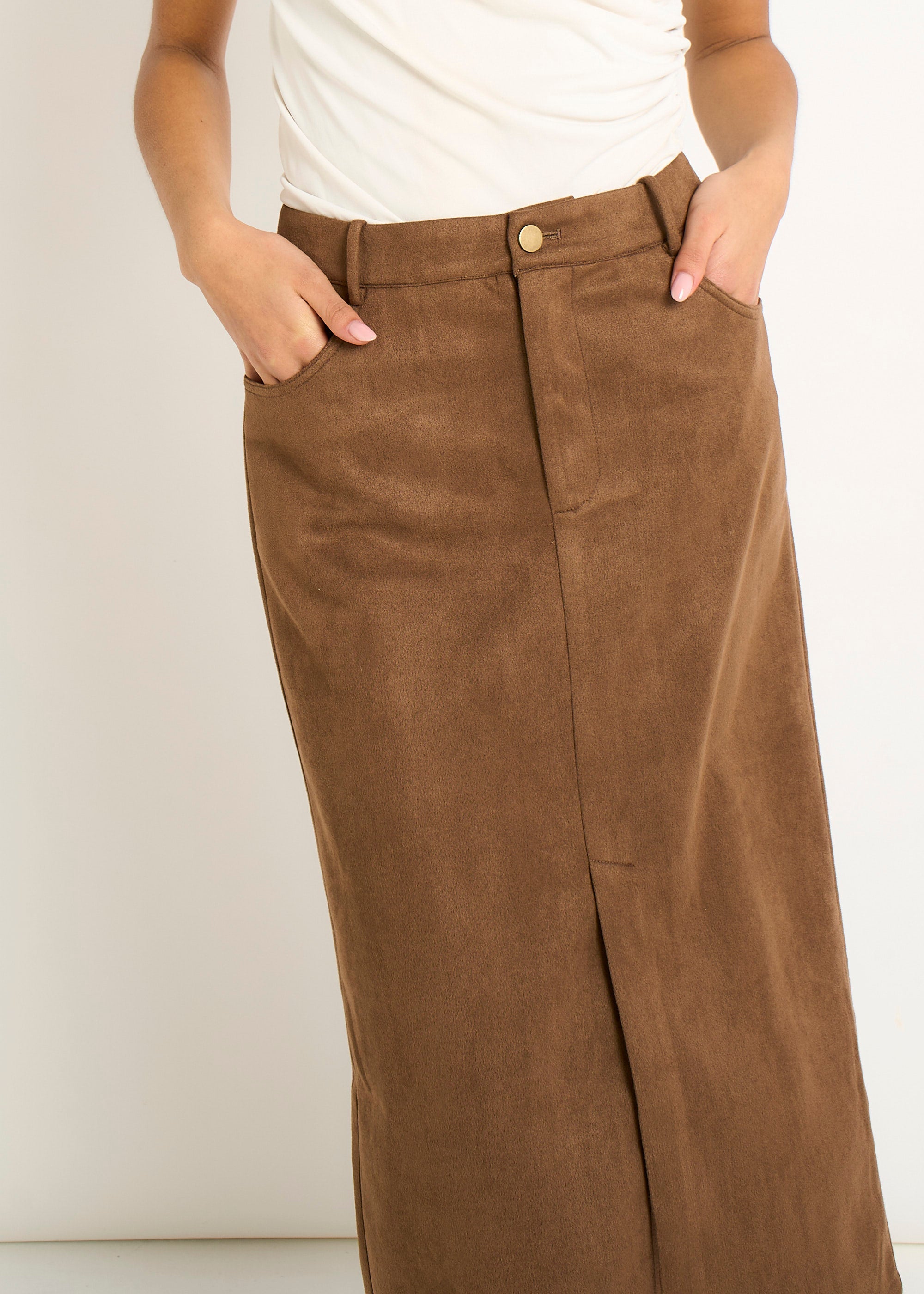 Gini London Brown Faux Suede Pencil Skirt