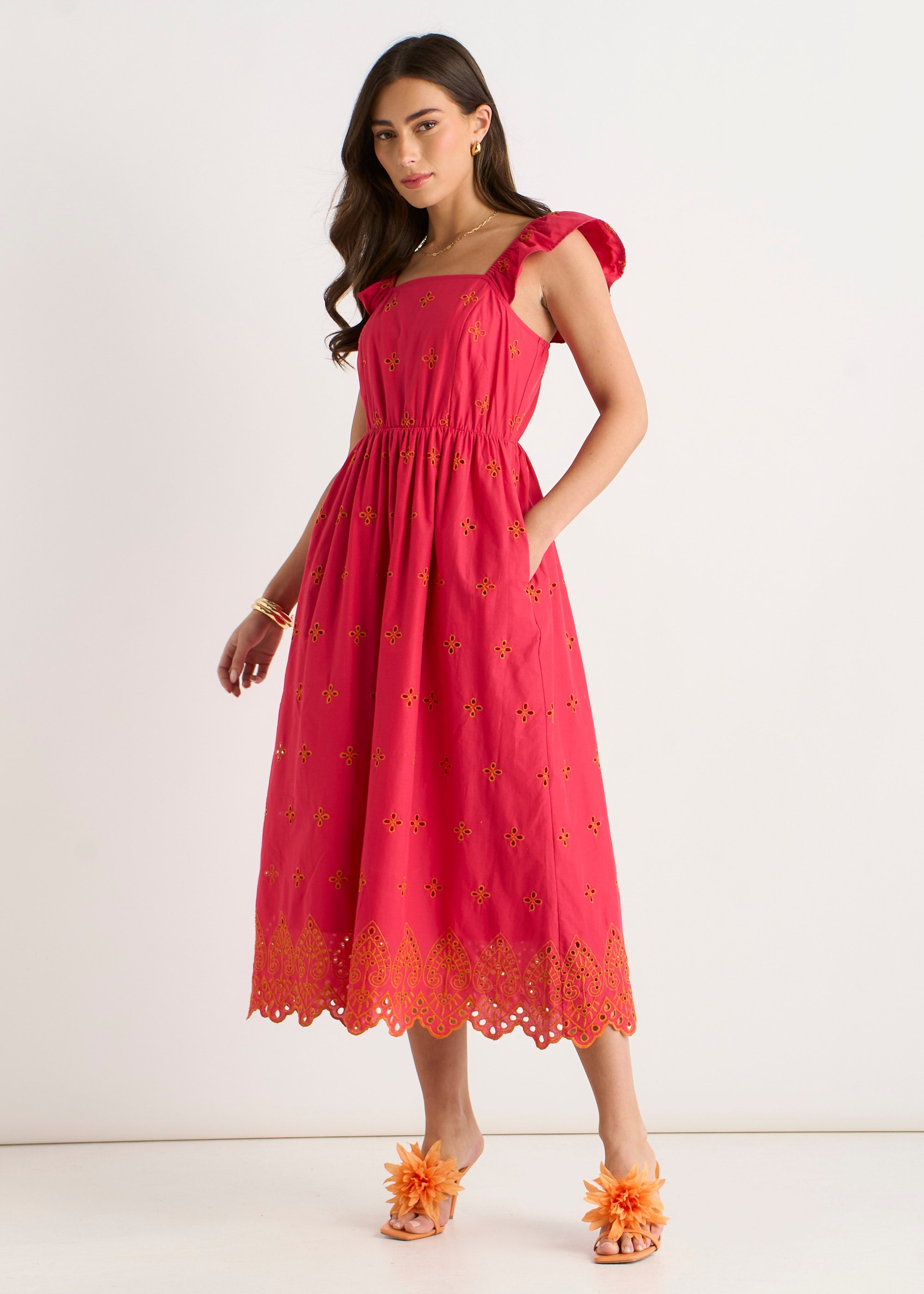 Gini London Pink Ruffle Sleeves Broderie Sun Dress