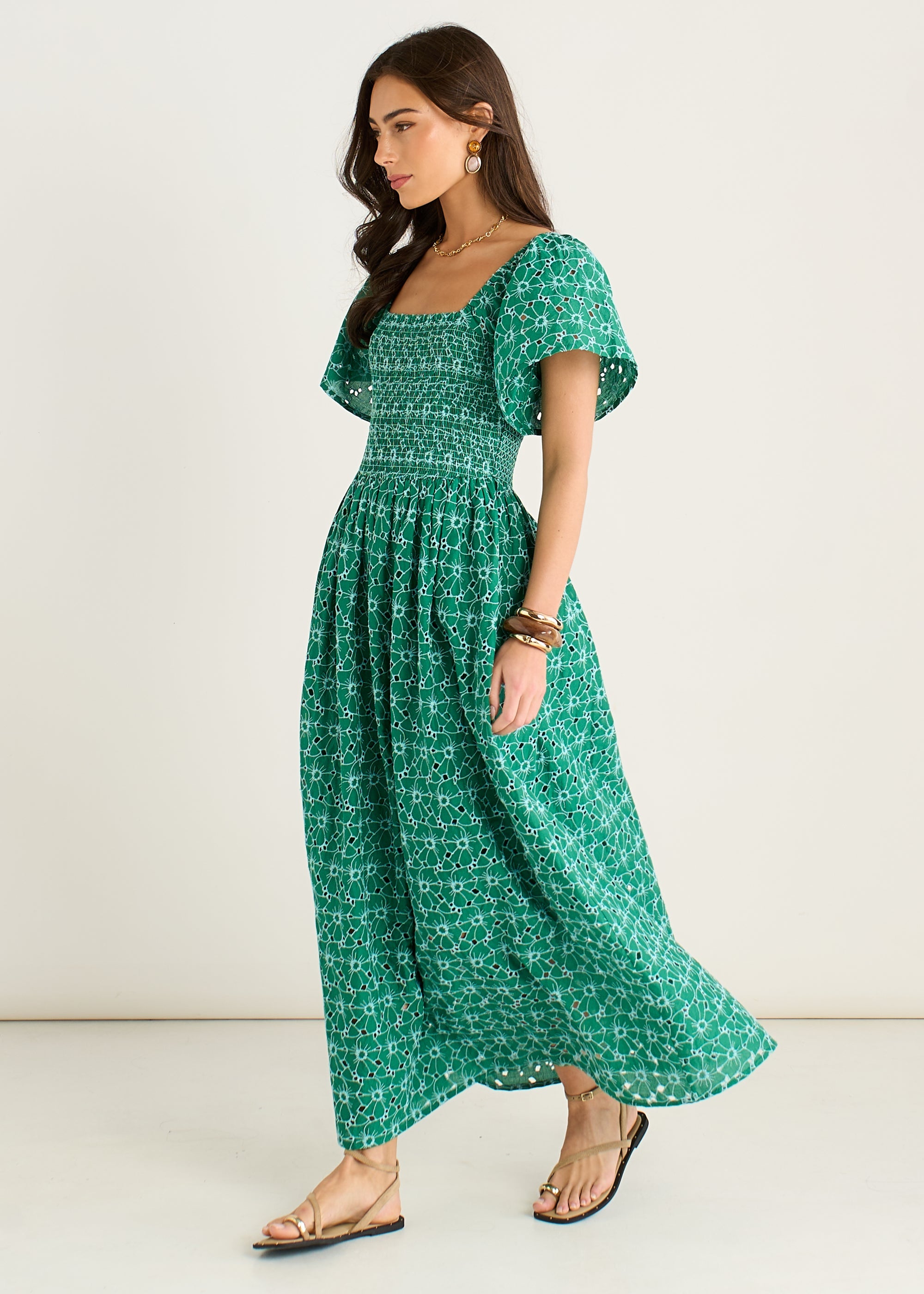 Gini London Green Floral Broderie Shirred Midi Dress