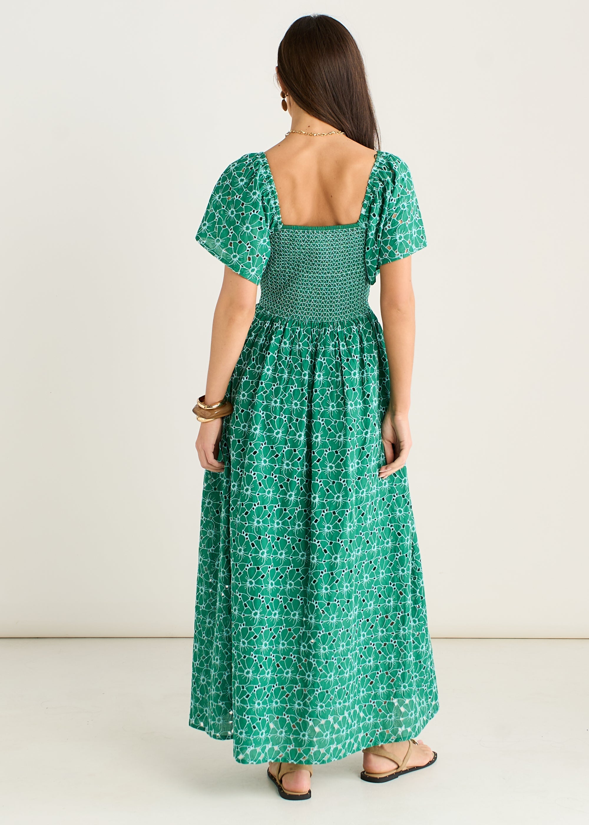 Gini London Green Floral Broderie Shirred Midi Dress