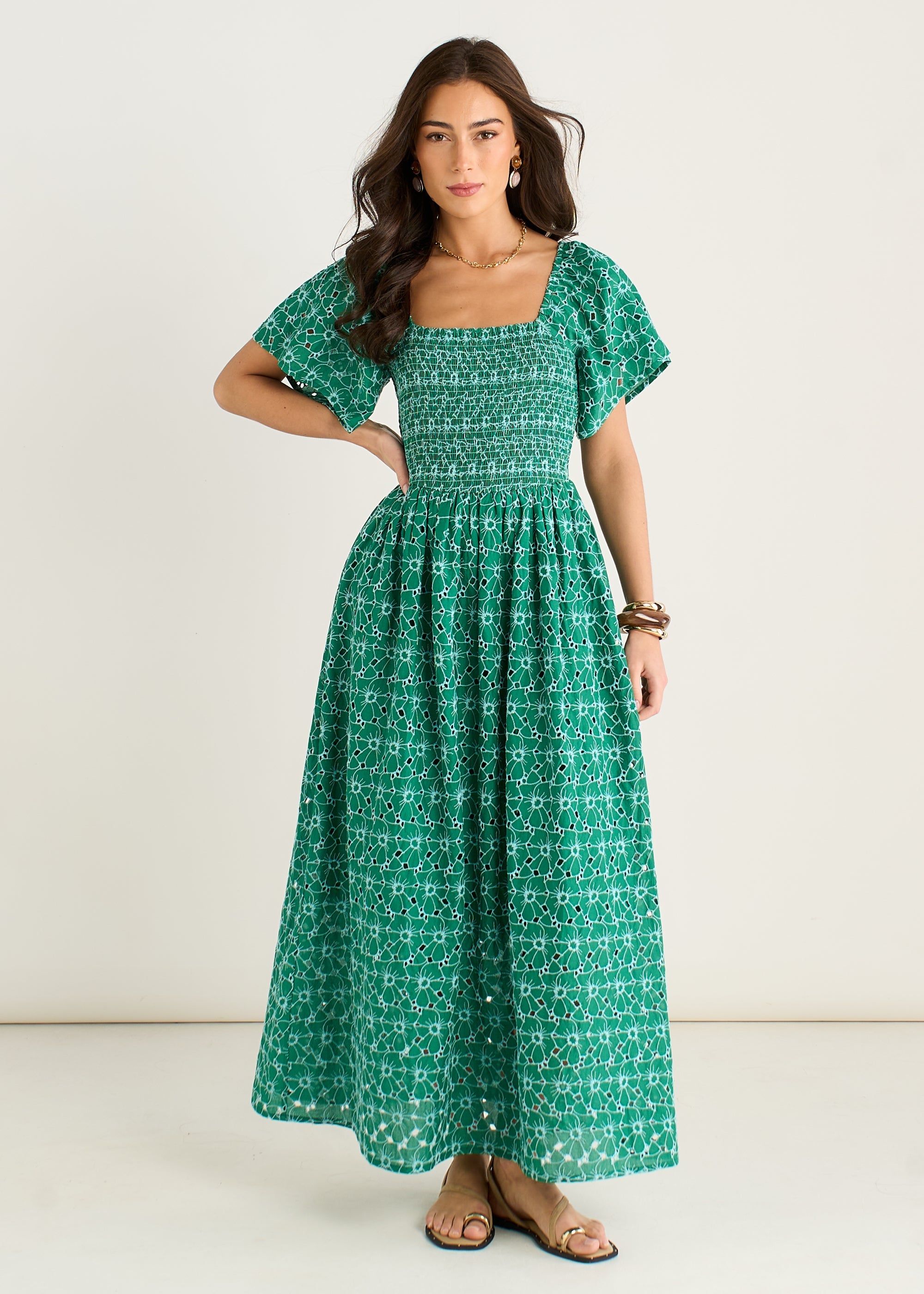Gini London Green Floral Broderie Shirred Midi Dress