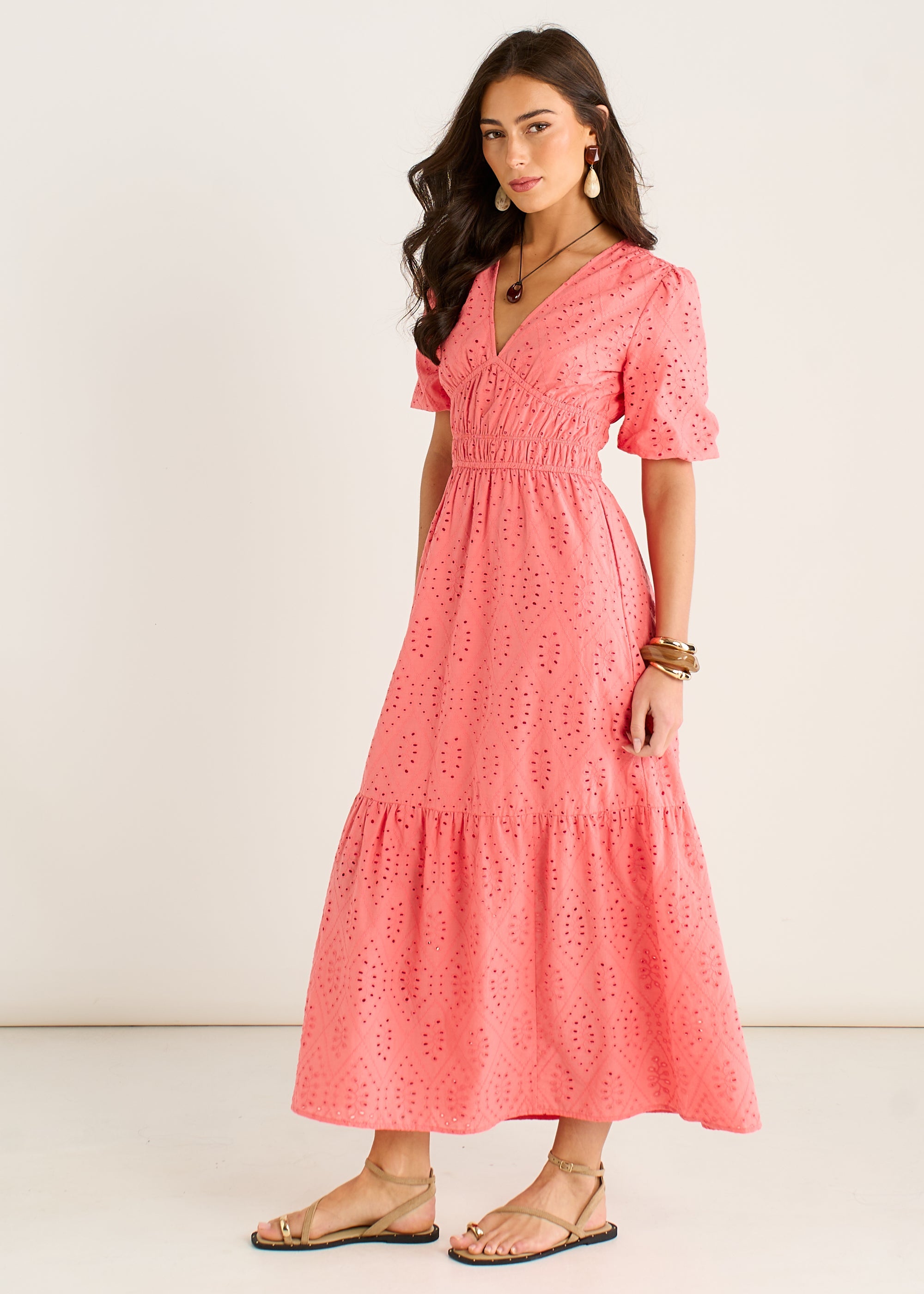 Gini London Coral Diamond Cutwork V Neck Broderie Dress