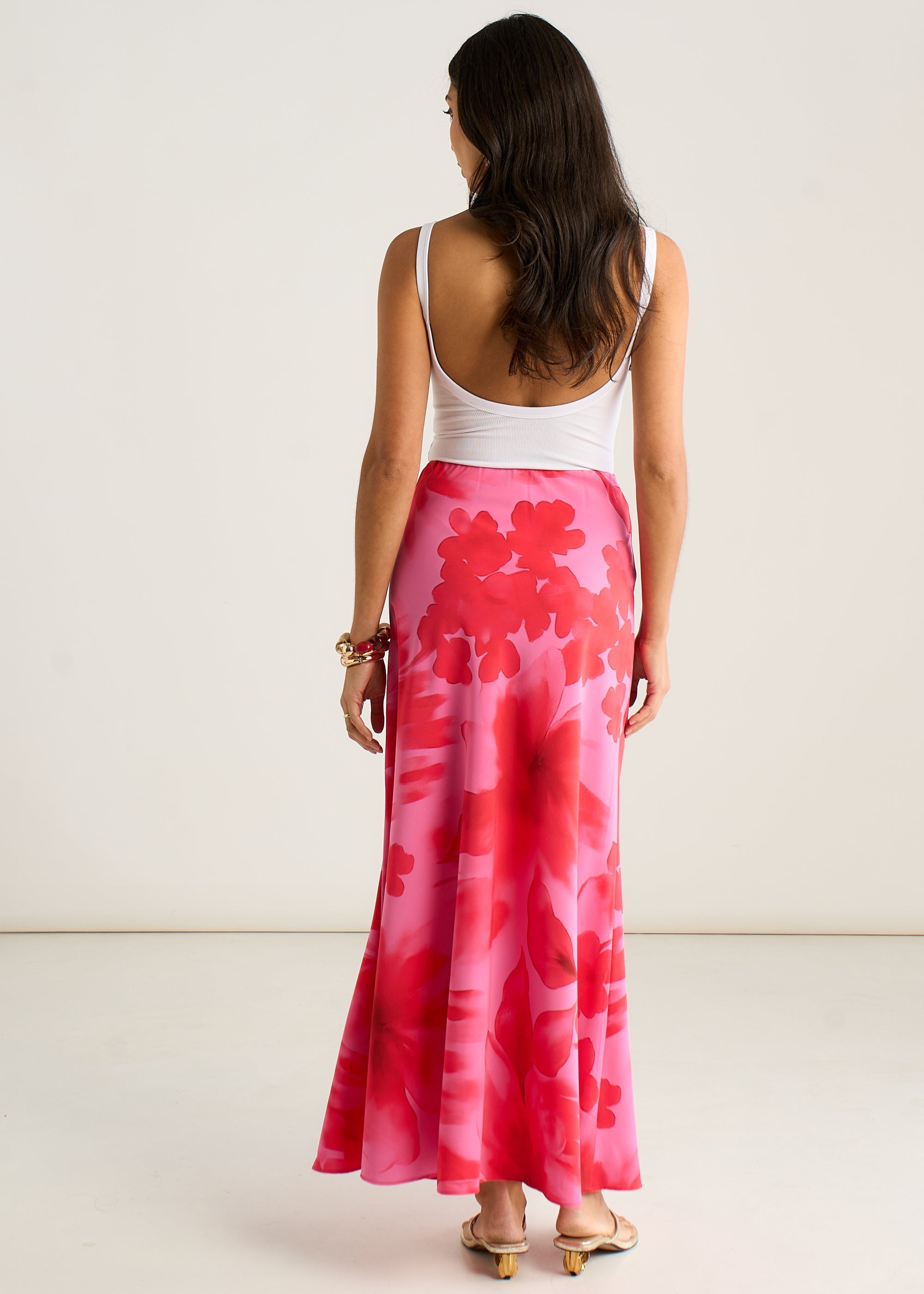 Gini London Pink Watercolour Floral Print A Line Maxi Skirt