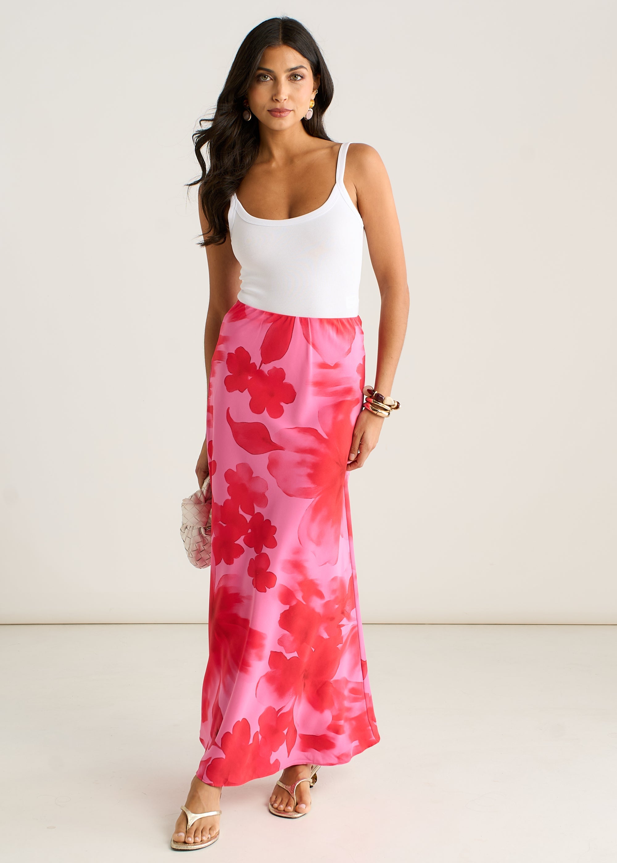 Gini London Pink Watercolour Floral Print A Line Maxi Skirt