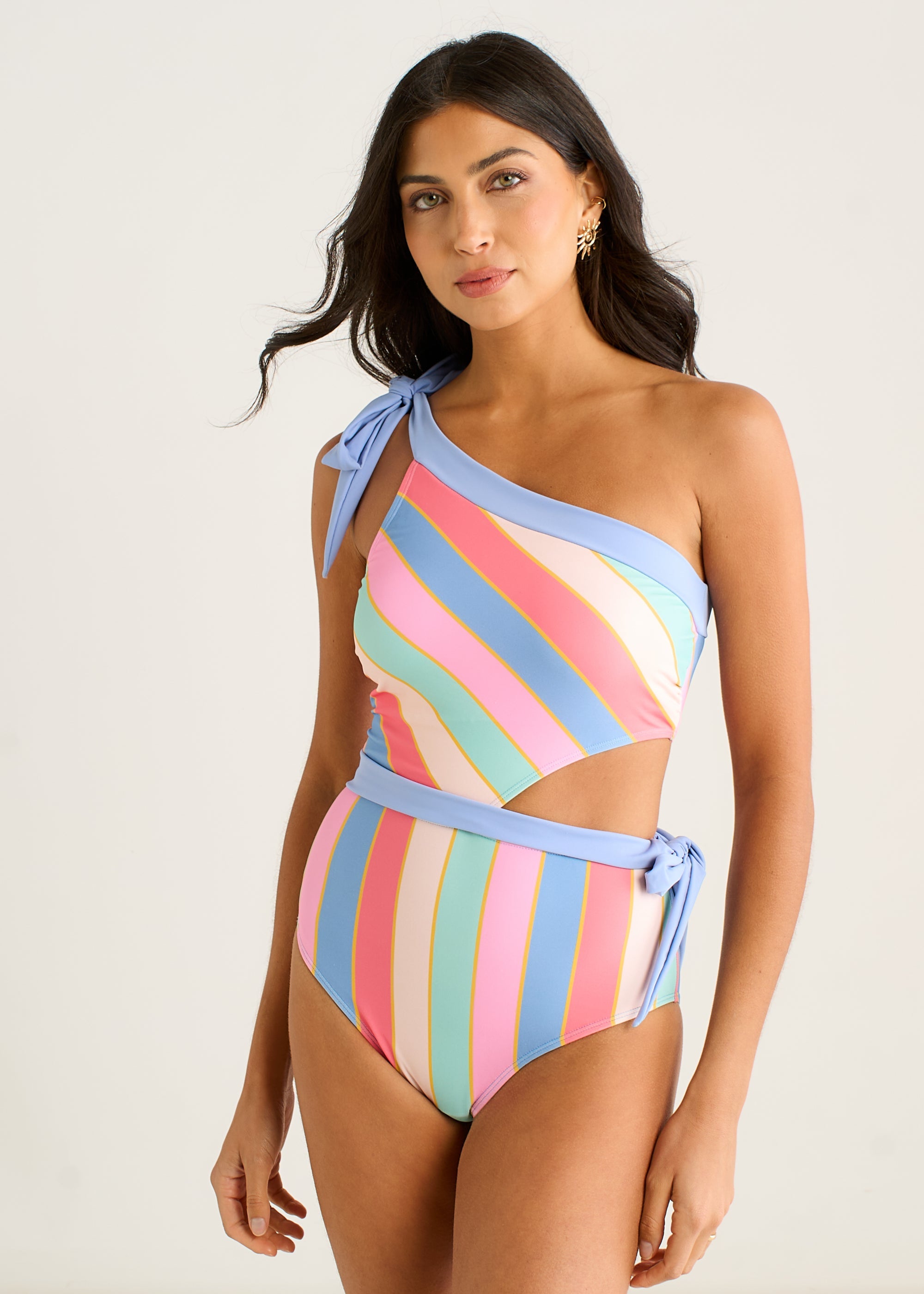 Gini London Multi Stripe Tie Detail One Shoulder Swimsuit