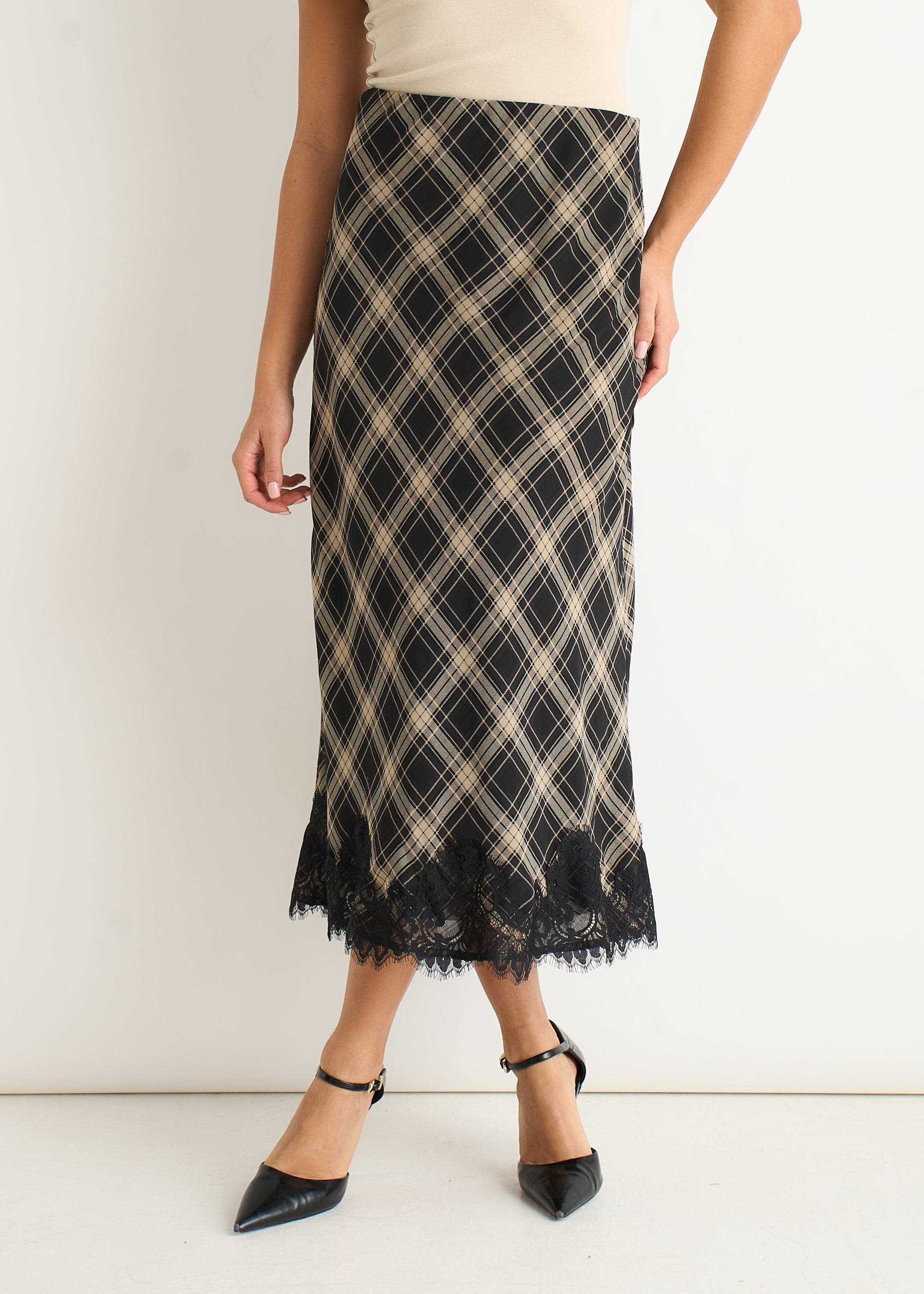 Gini London Mono Elegant Check Contrast Lace Detail Bias Skirt