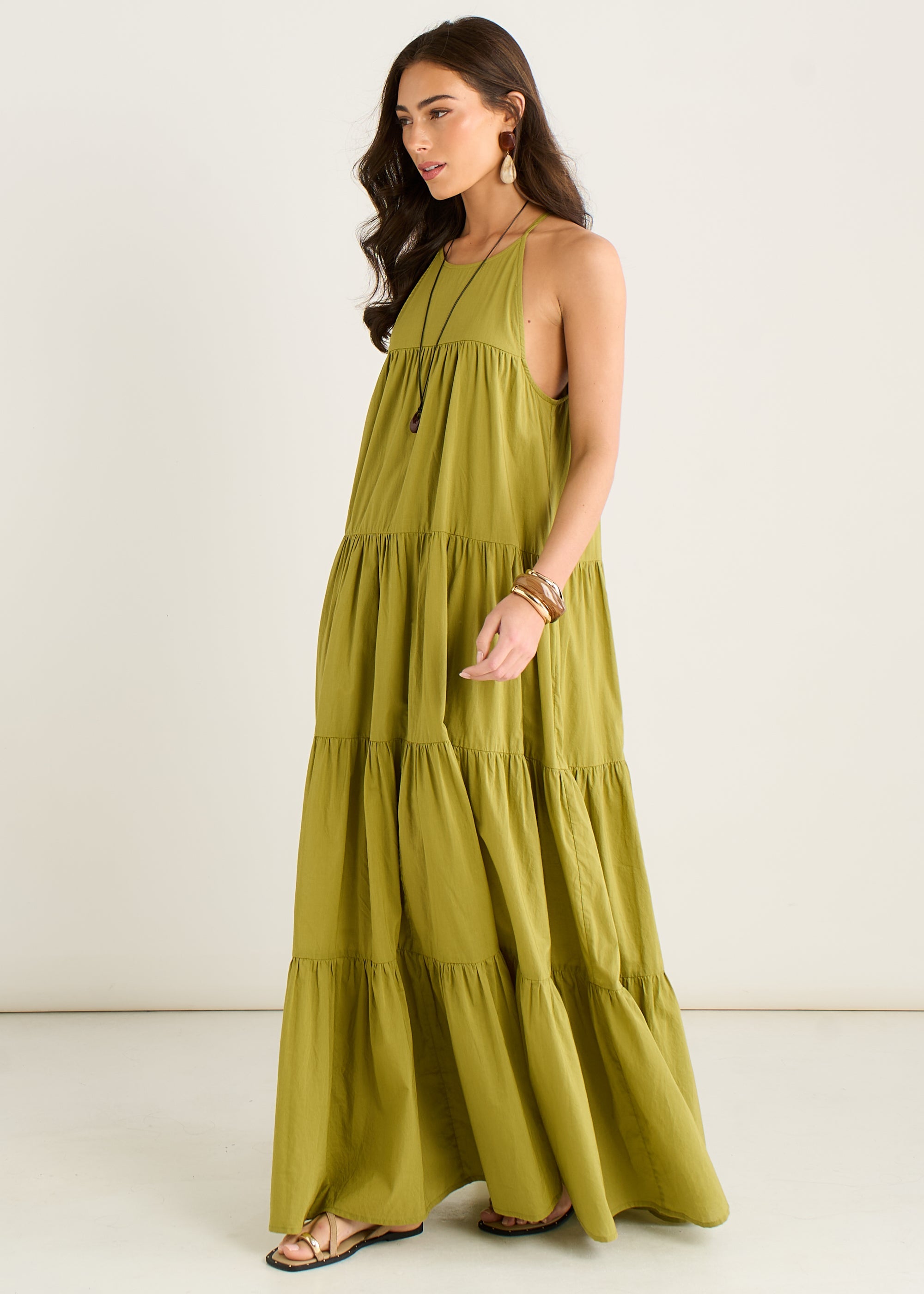 Gini London Khaki Tiered Halter Maxi Trapeze Dress