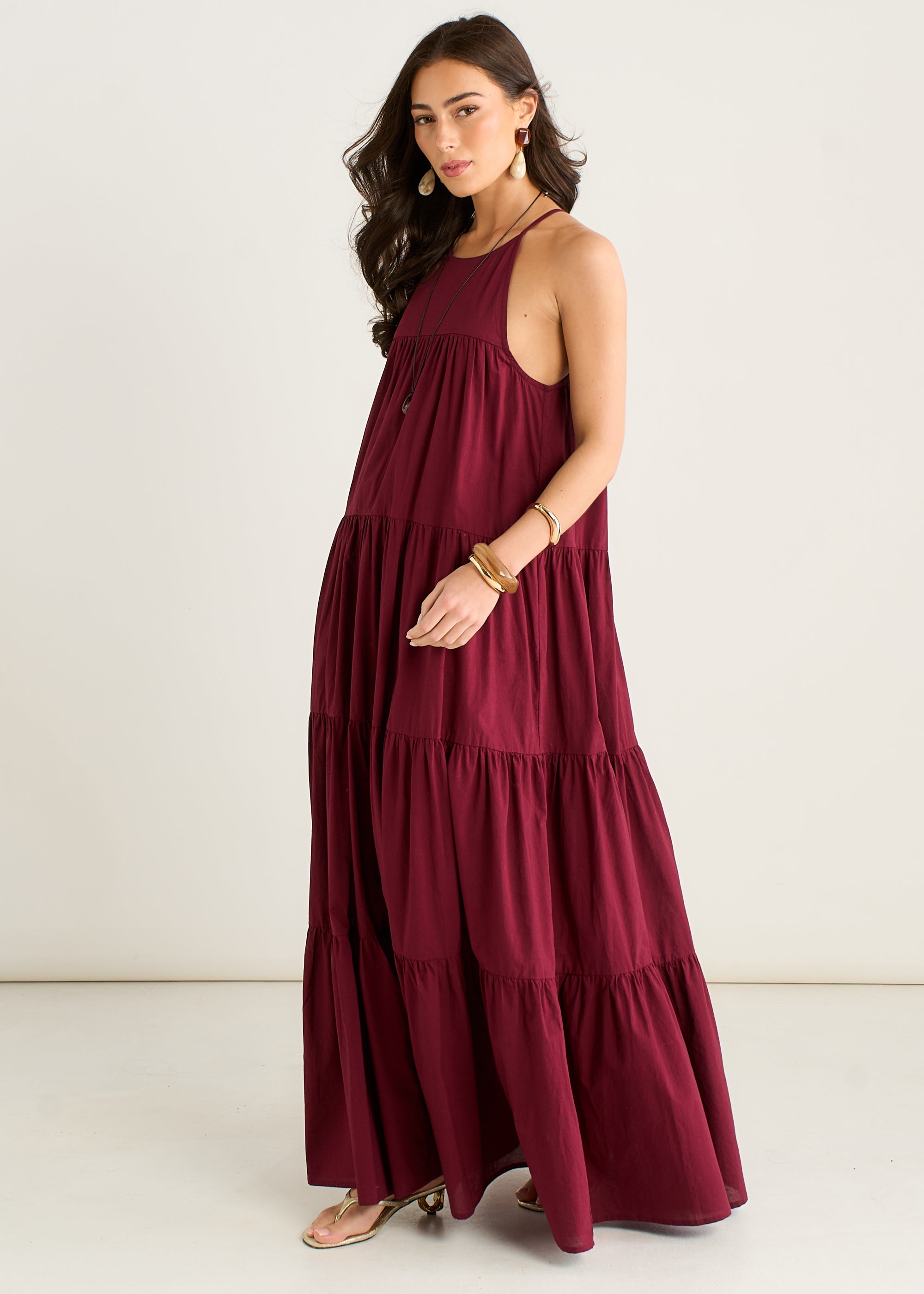 Gini London Mulberry Tiered Halter Maxi Trapeze Dress