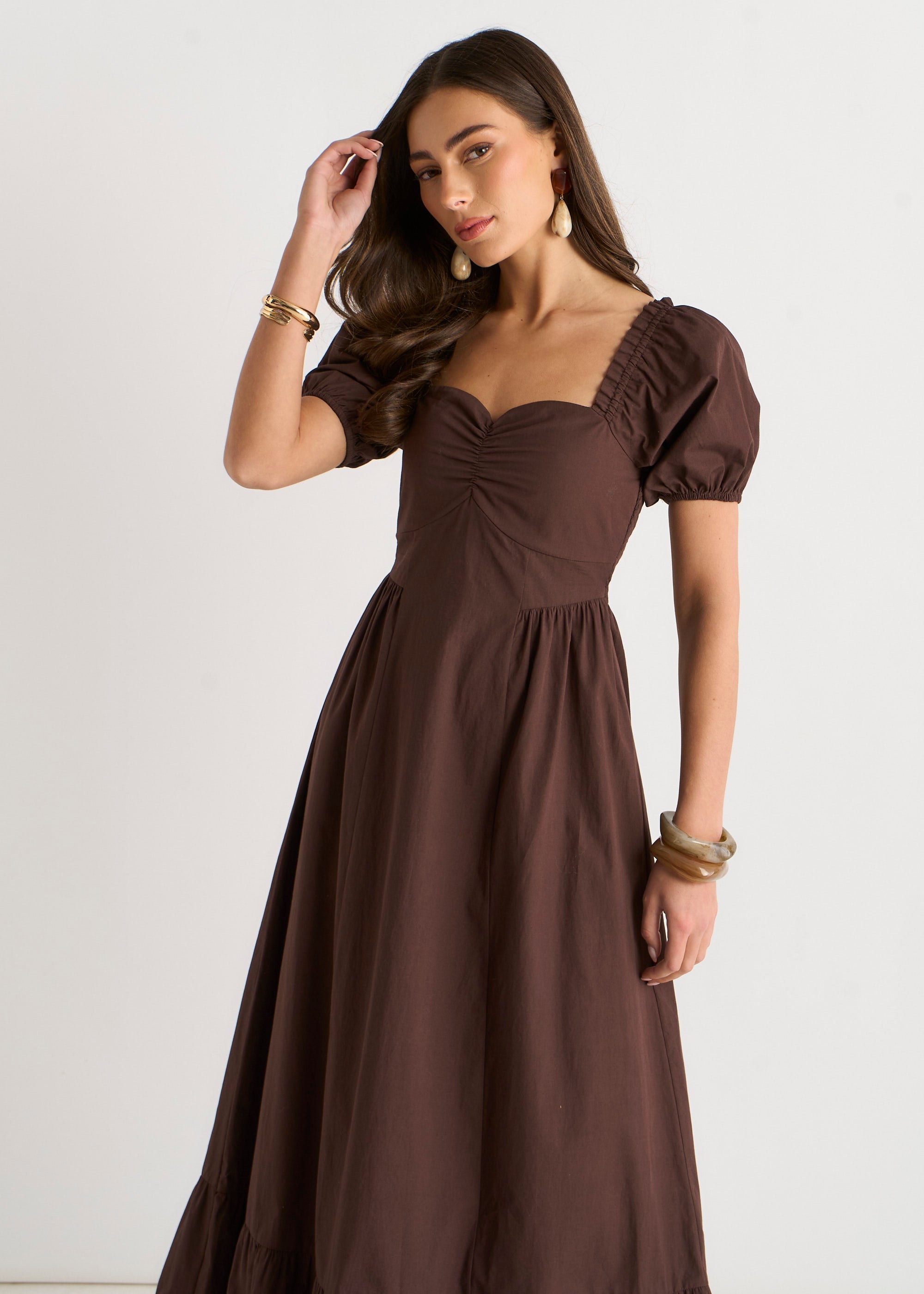 Gini London Brown Gypsy Puff Sleeves Midaxi Dress