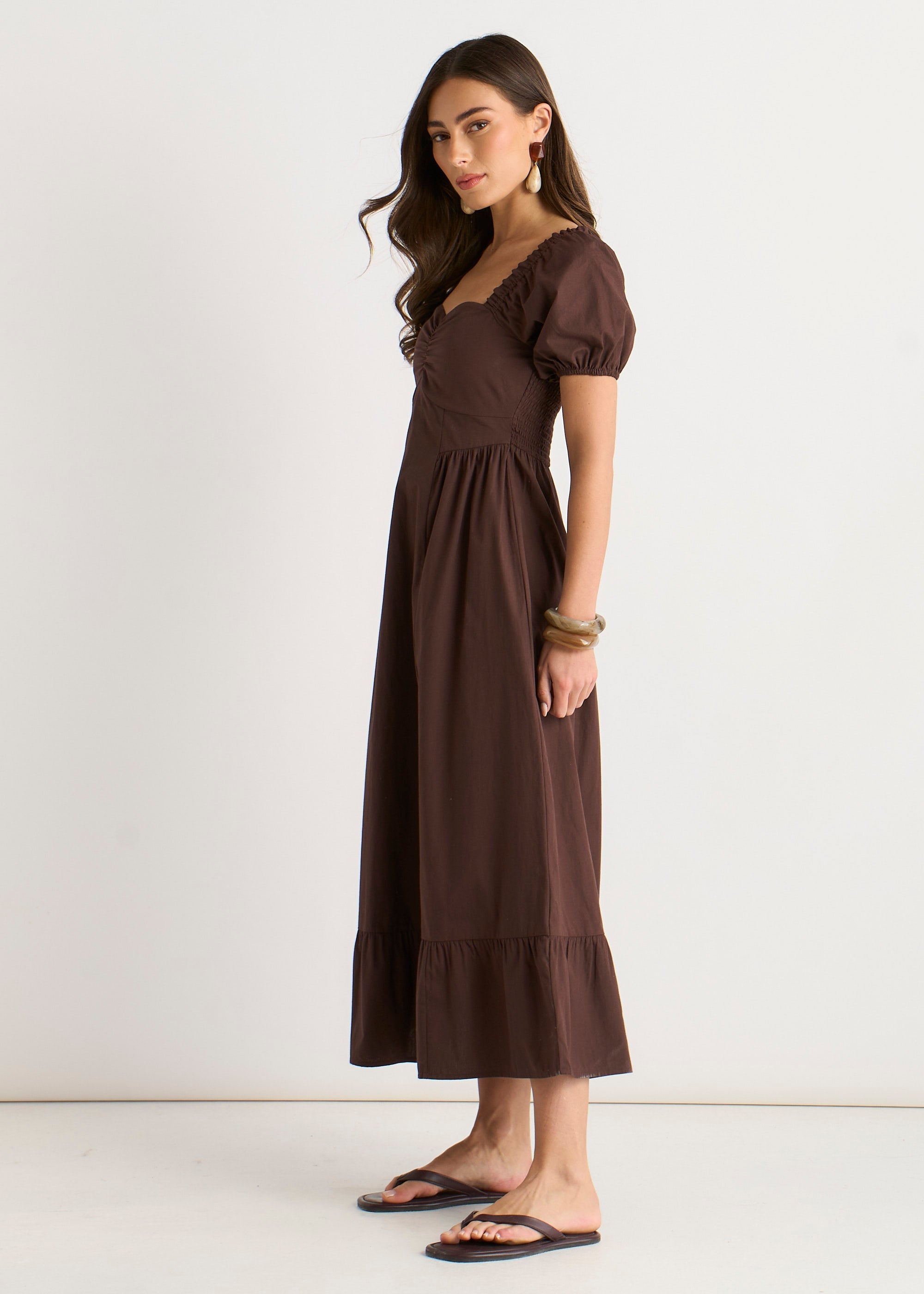 Gini London Brown Gypsy Puff Sleeves Midaxi Dress