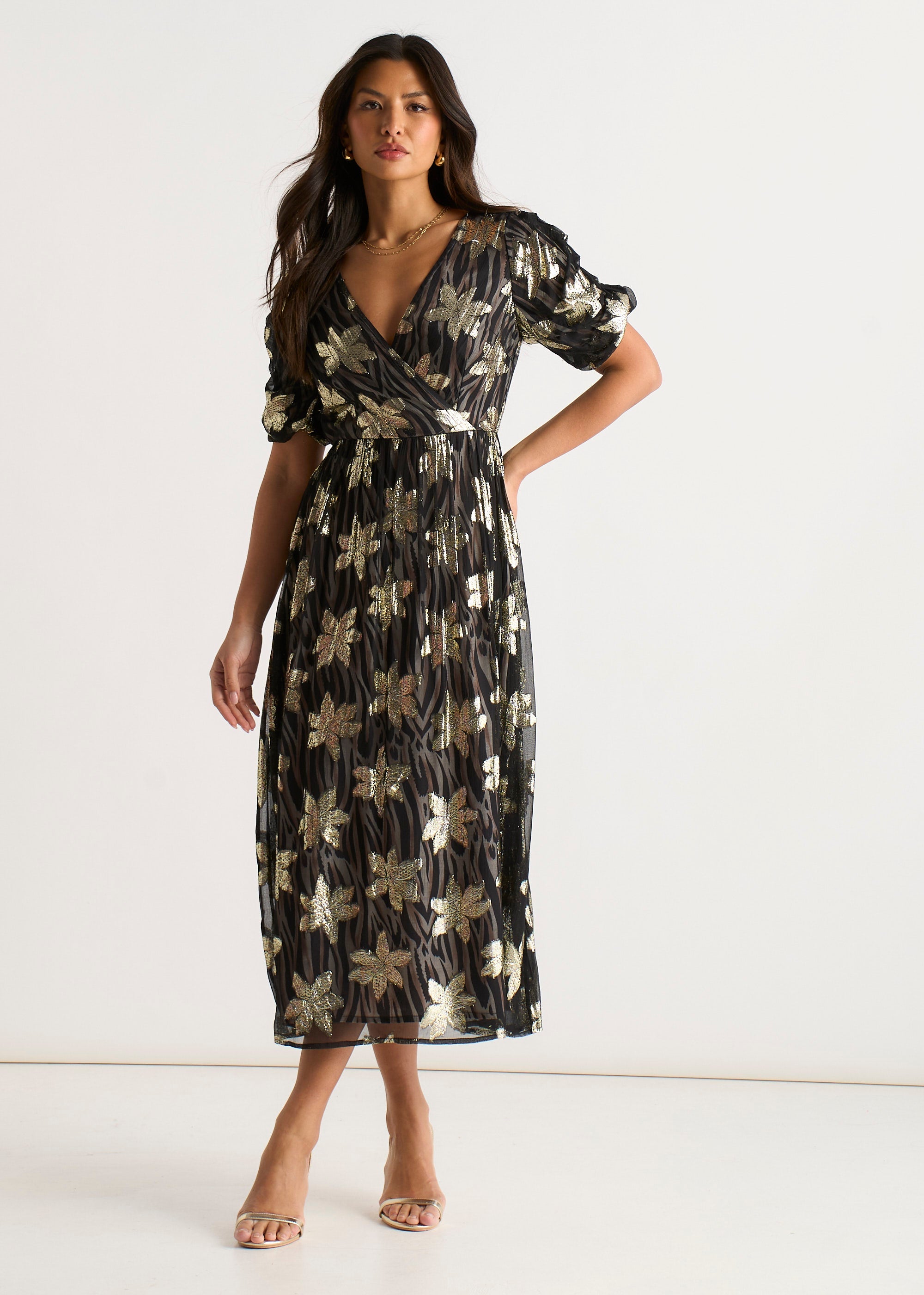 Gini London Black Floral Lurex Wrap Front Dress