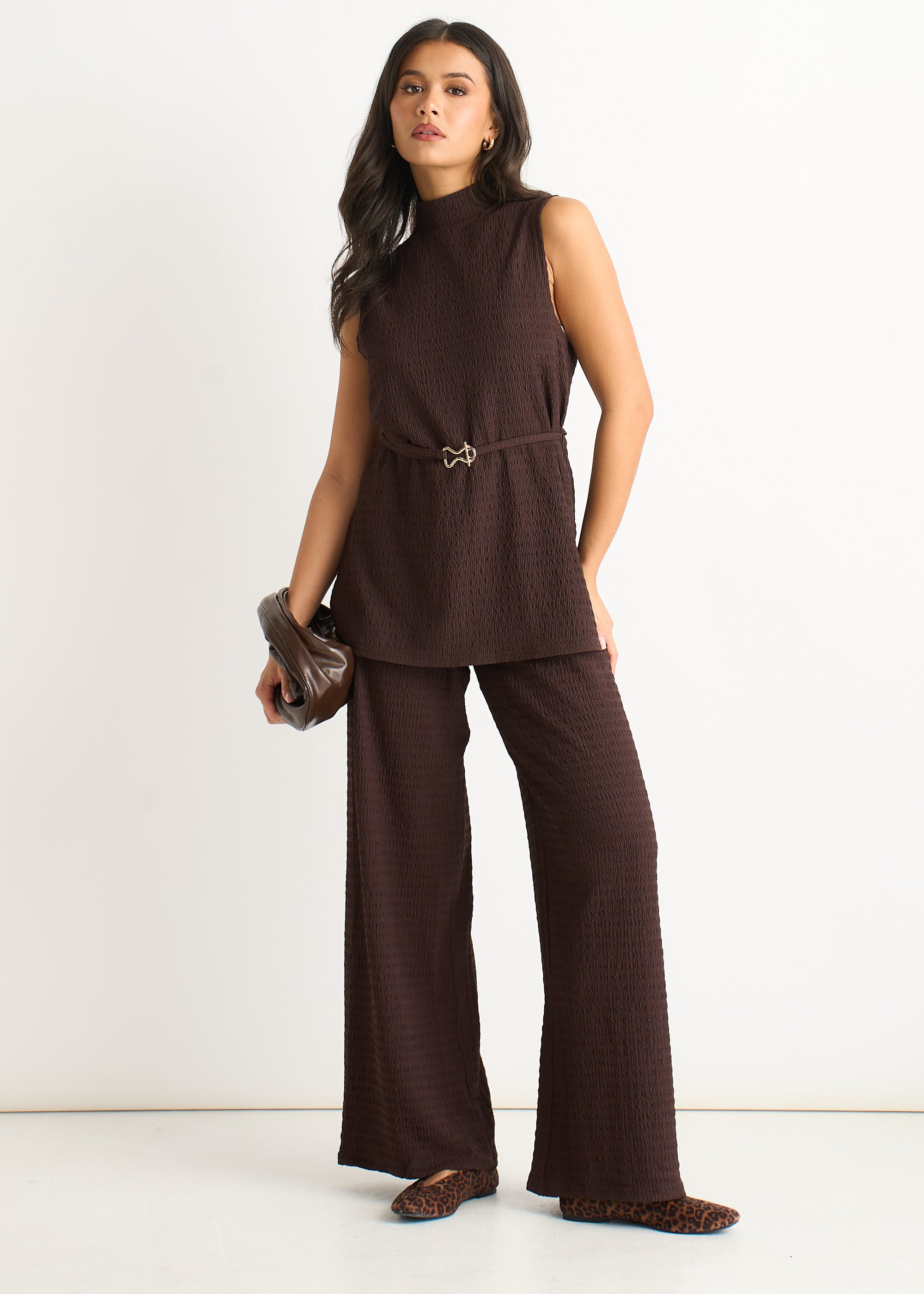 Gini London Chocolate Textured Belted Sleeveless Jersey Tabard Top