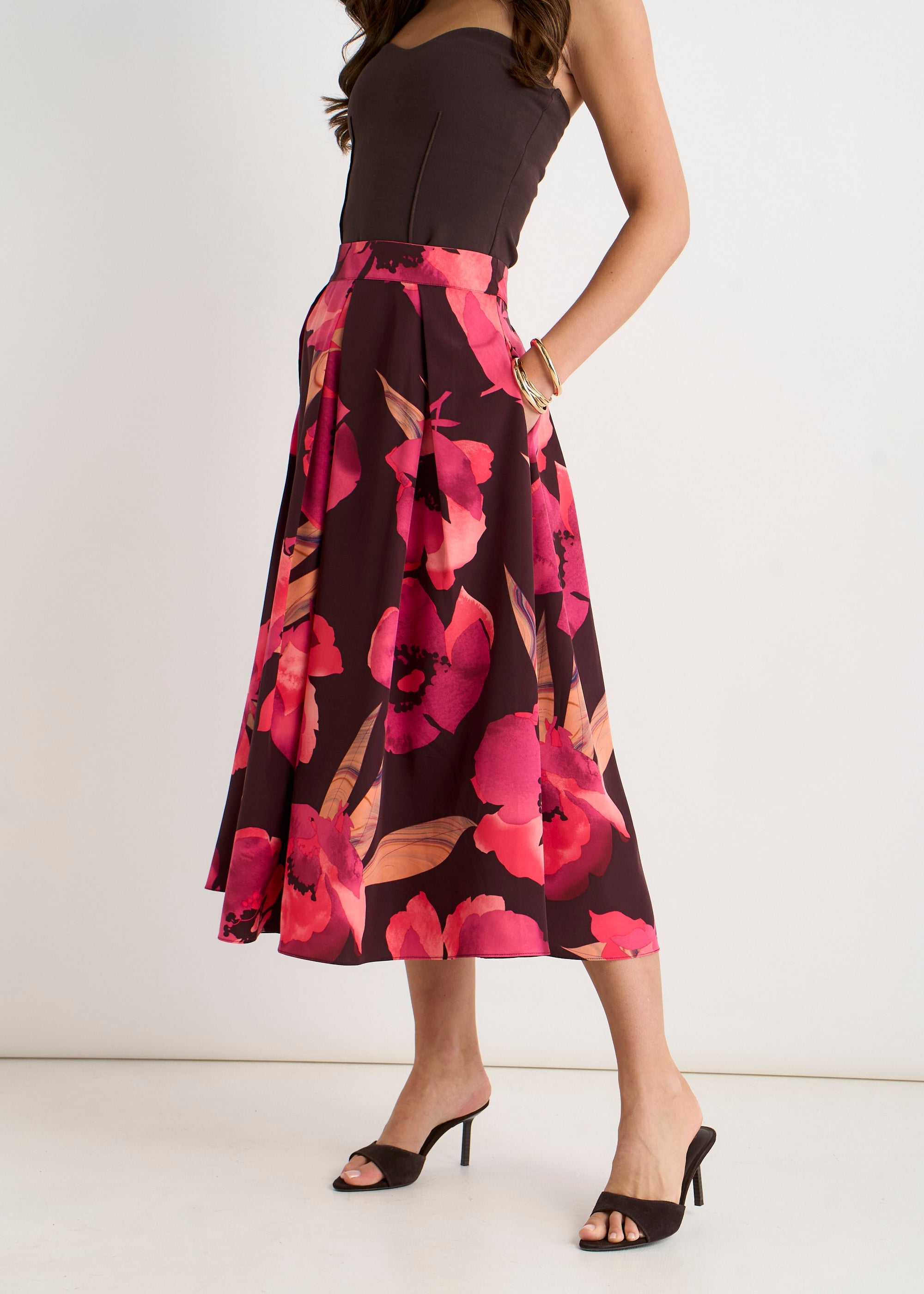Gini London Brown Large Floral Box Pleat Midi Skirt