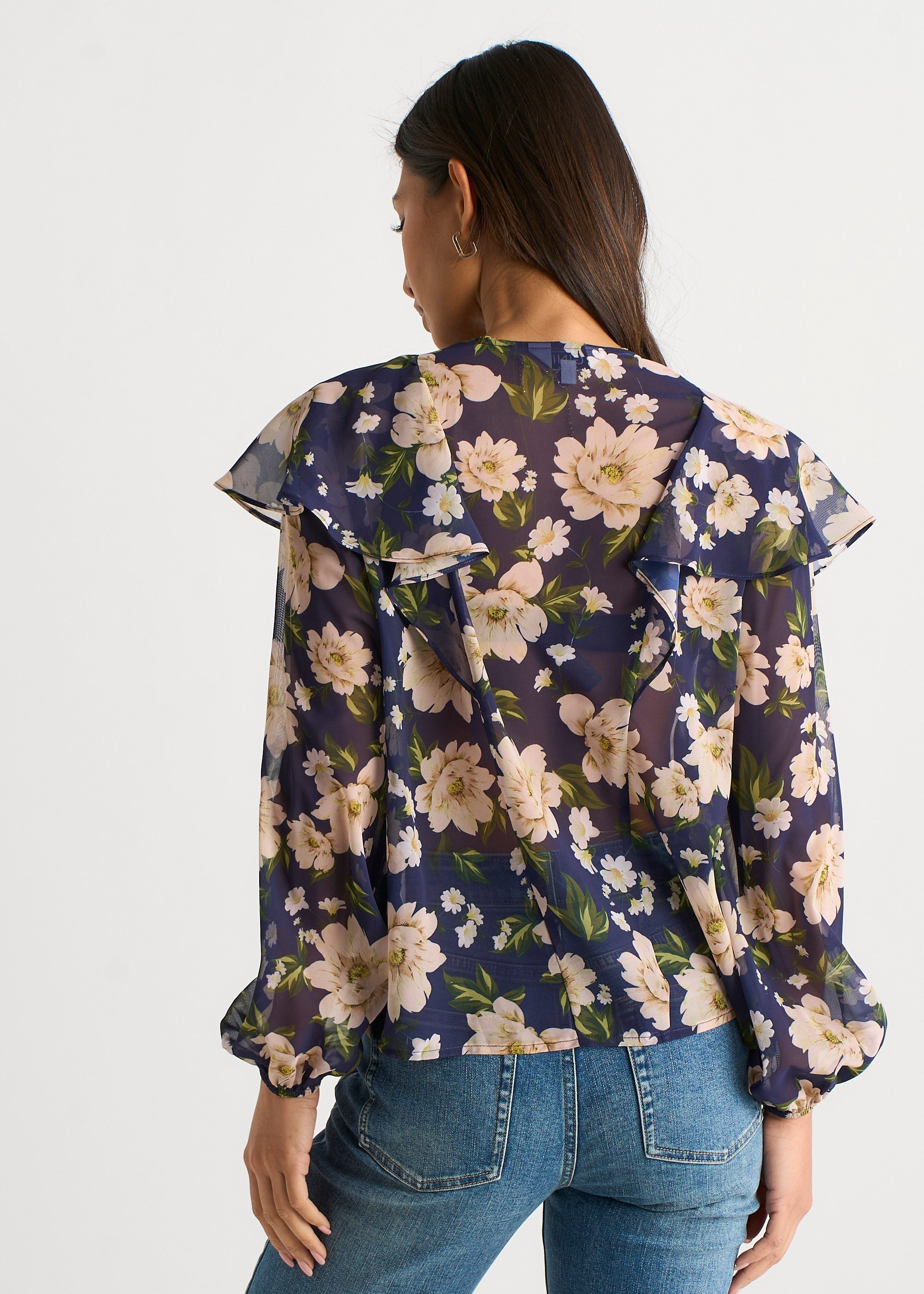 Gini London Navy Floral Ruffle Front Blouse