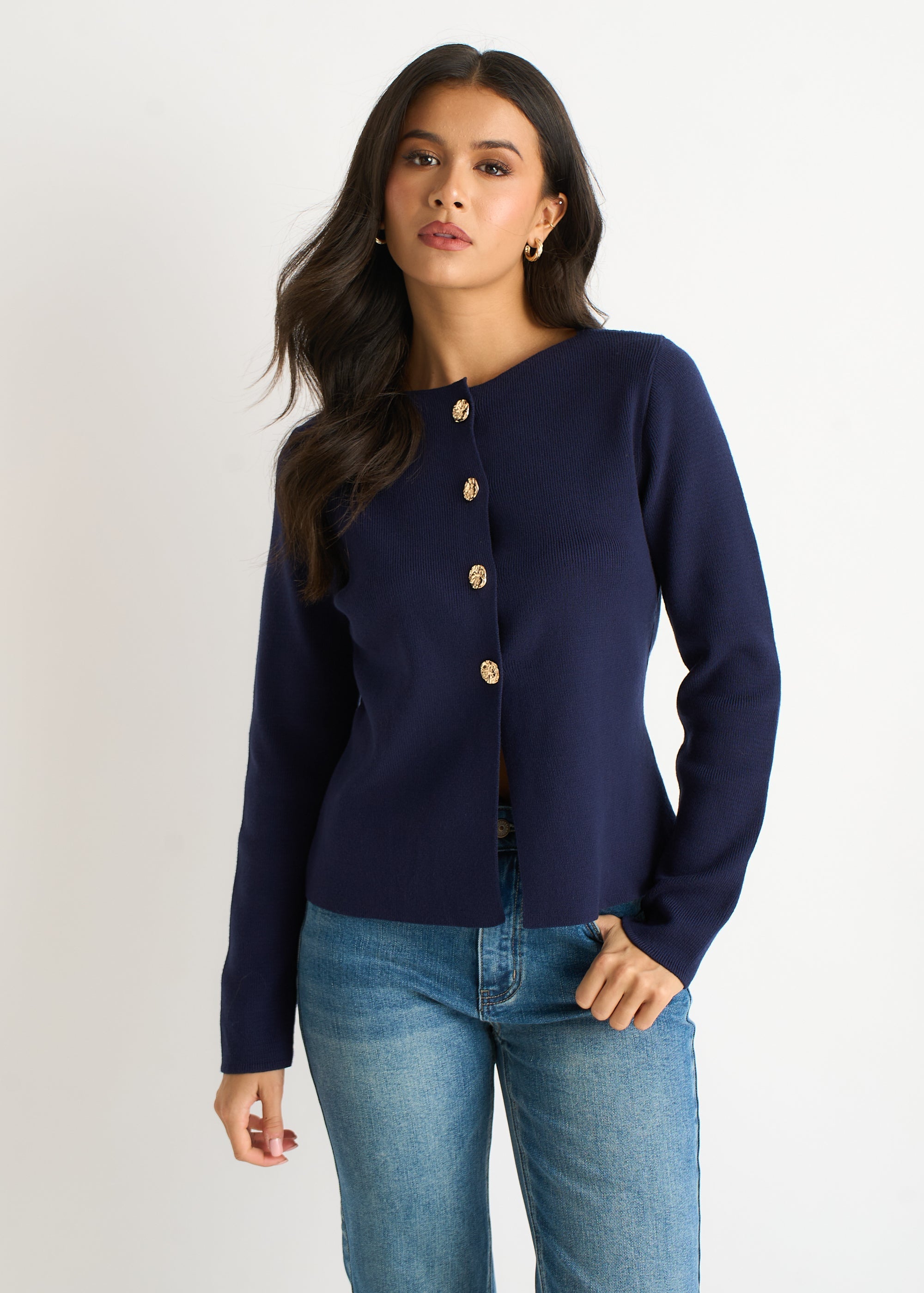 Gini London Navy Gold Buttons Ribbed Knit Cardigan