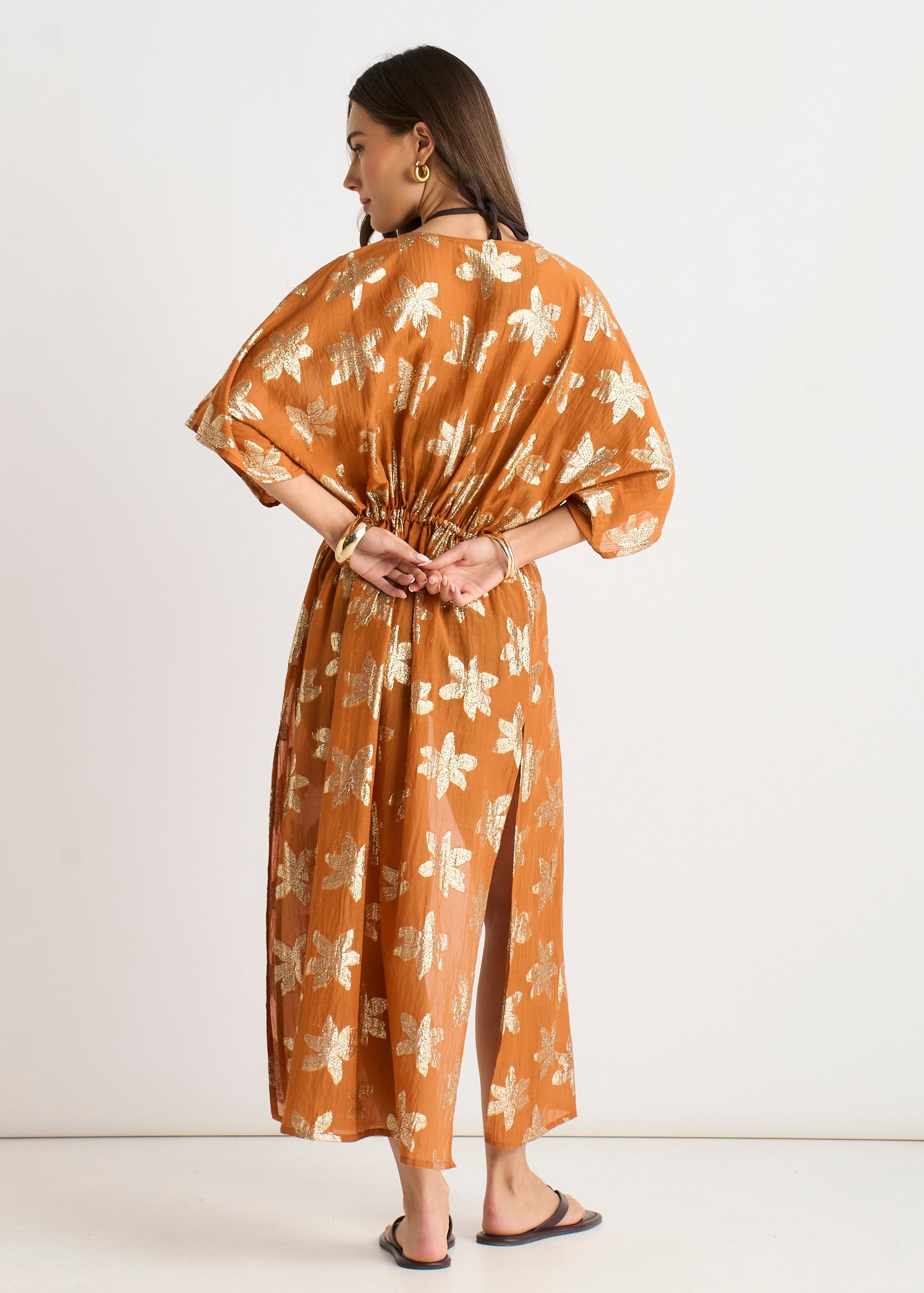 Gini London Orange Floral Lurex Tie Front Kaftan Kimono