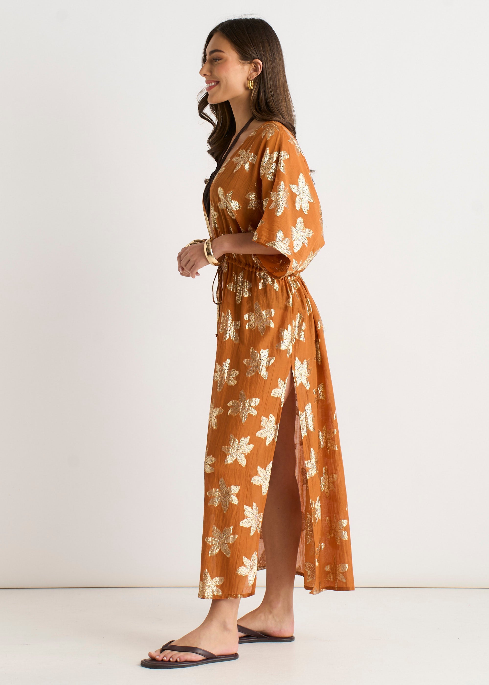 Gini London Orange Floral Lurex Tie Front Kaftan Kimono
