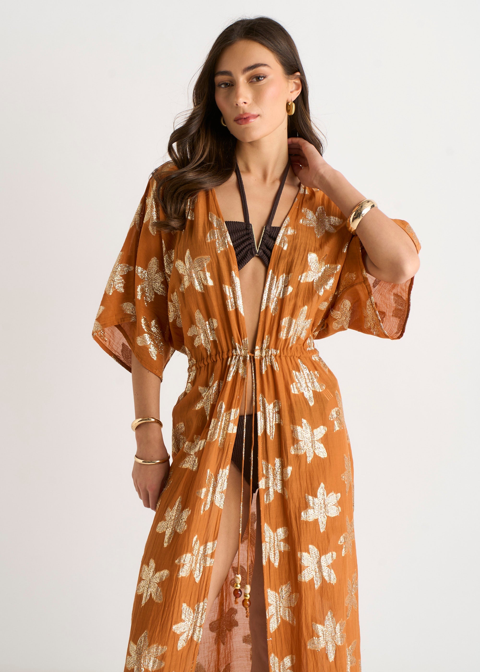 Gini London Orange Floral Lurex Tie Front Kaftan Kimono
