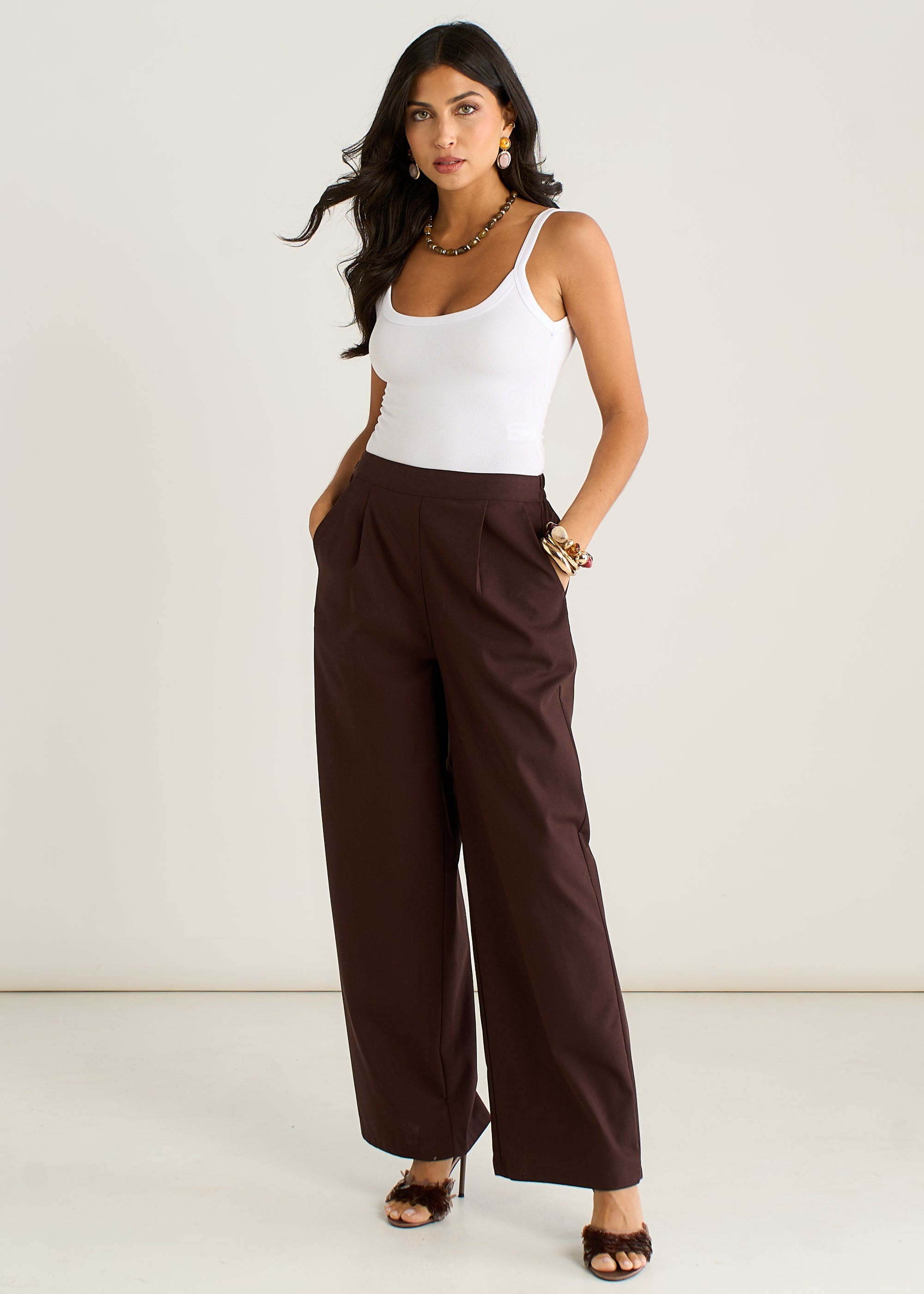 Gini London Brown Linen Mix Wide Leg Trouser