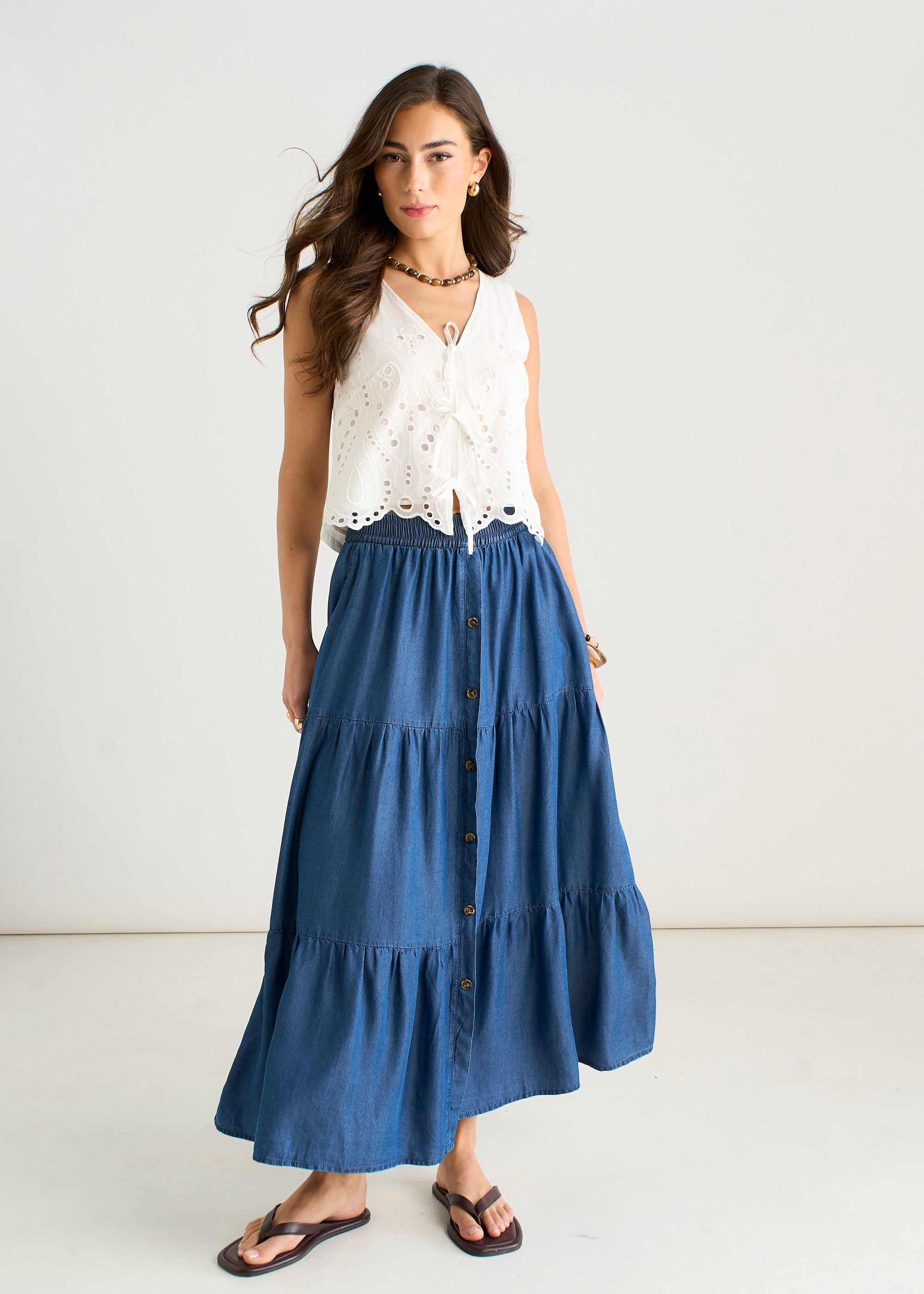 Gini London Blue Chambray Elasticated Button Front Midaxi Skirt