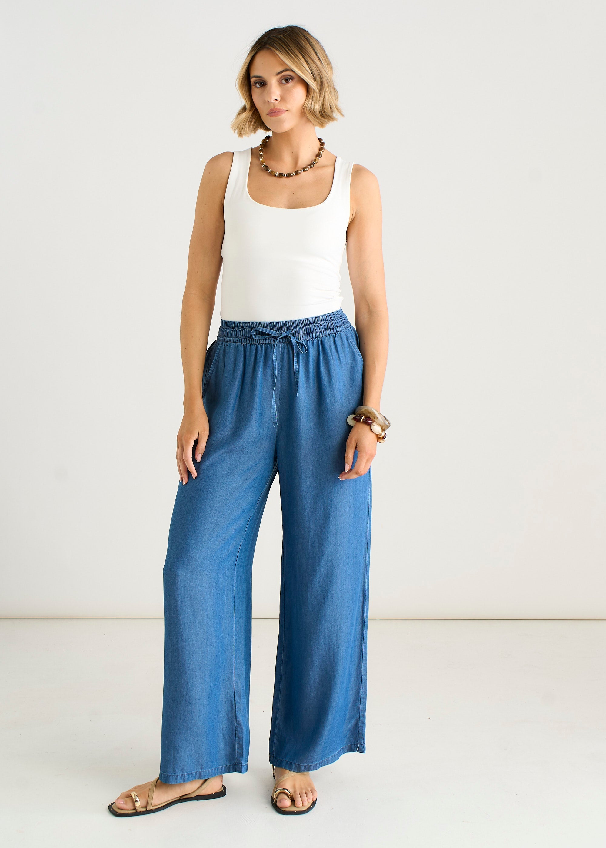 Gini London Blue Chambray Elasticated Waist Wide Leg Trousers
