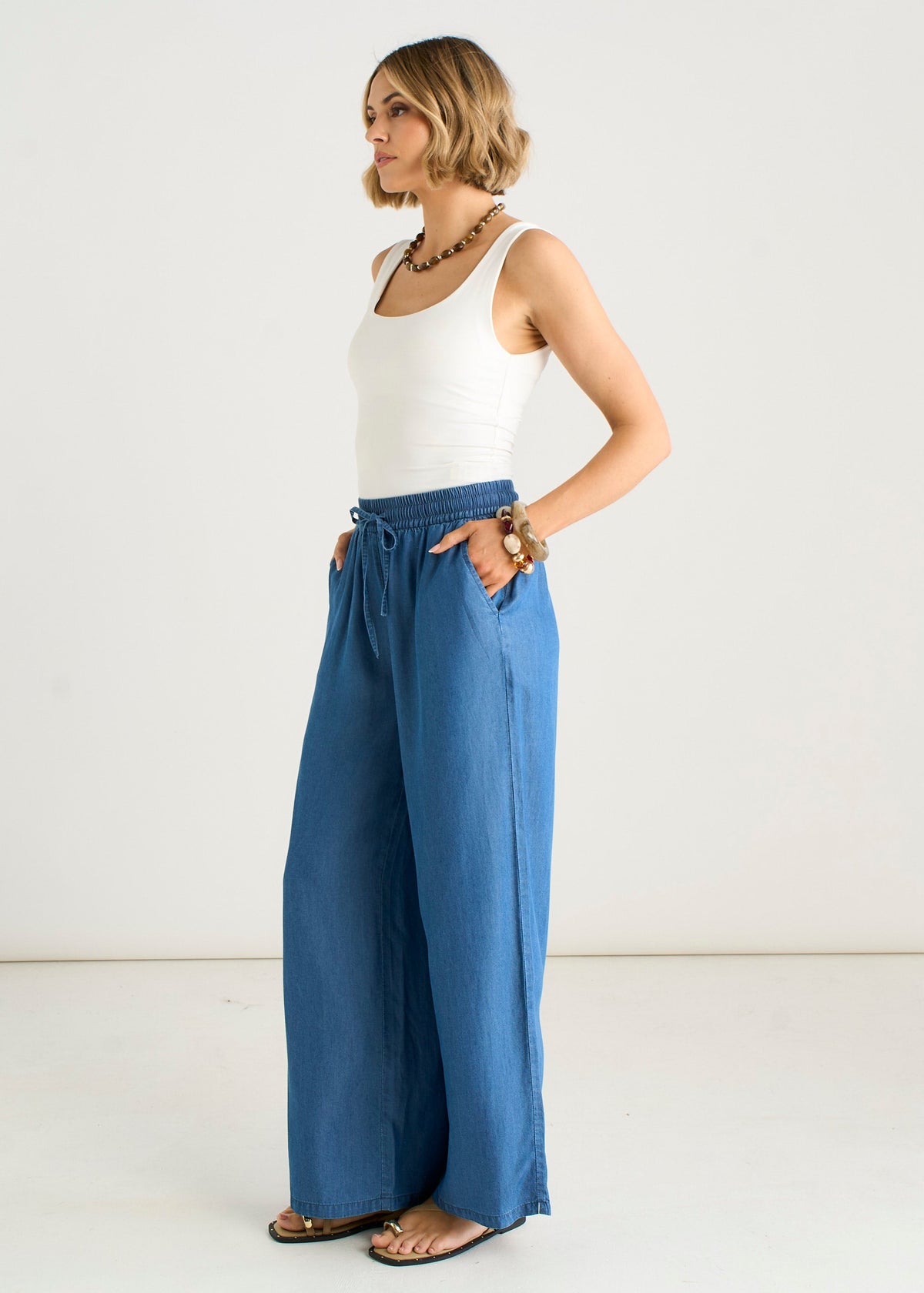 Gini London Blue Chambray Elasticated Waist Wide Leg Trousers