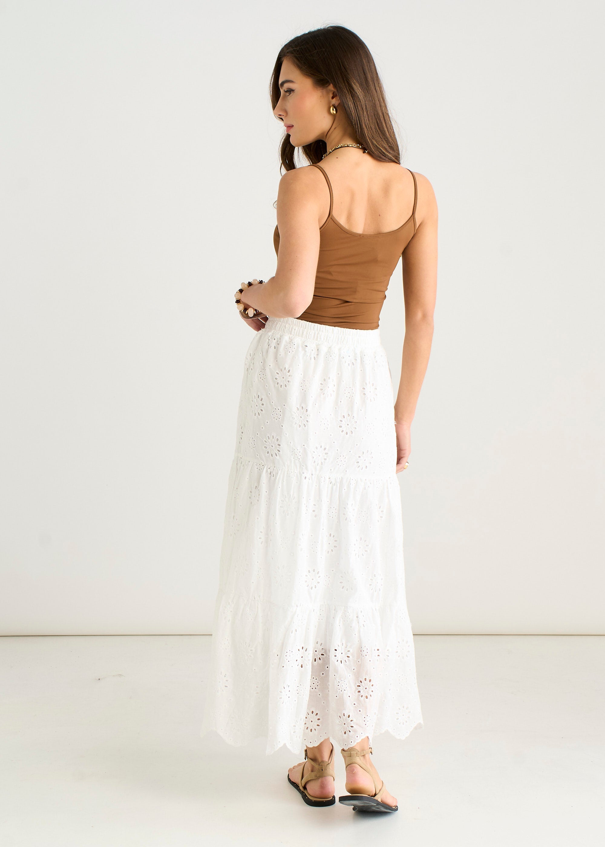 Gini London White Elasticated Waist Cotton Broderie Midaxi Skirt