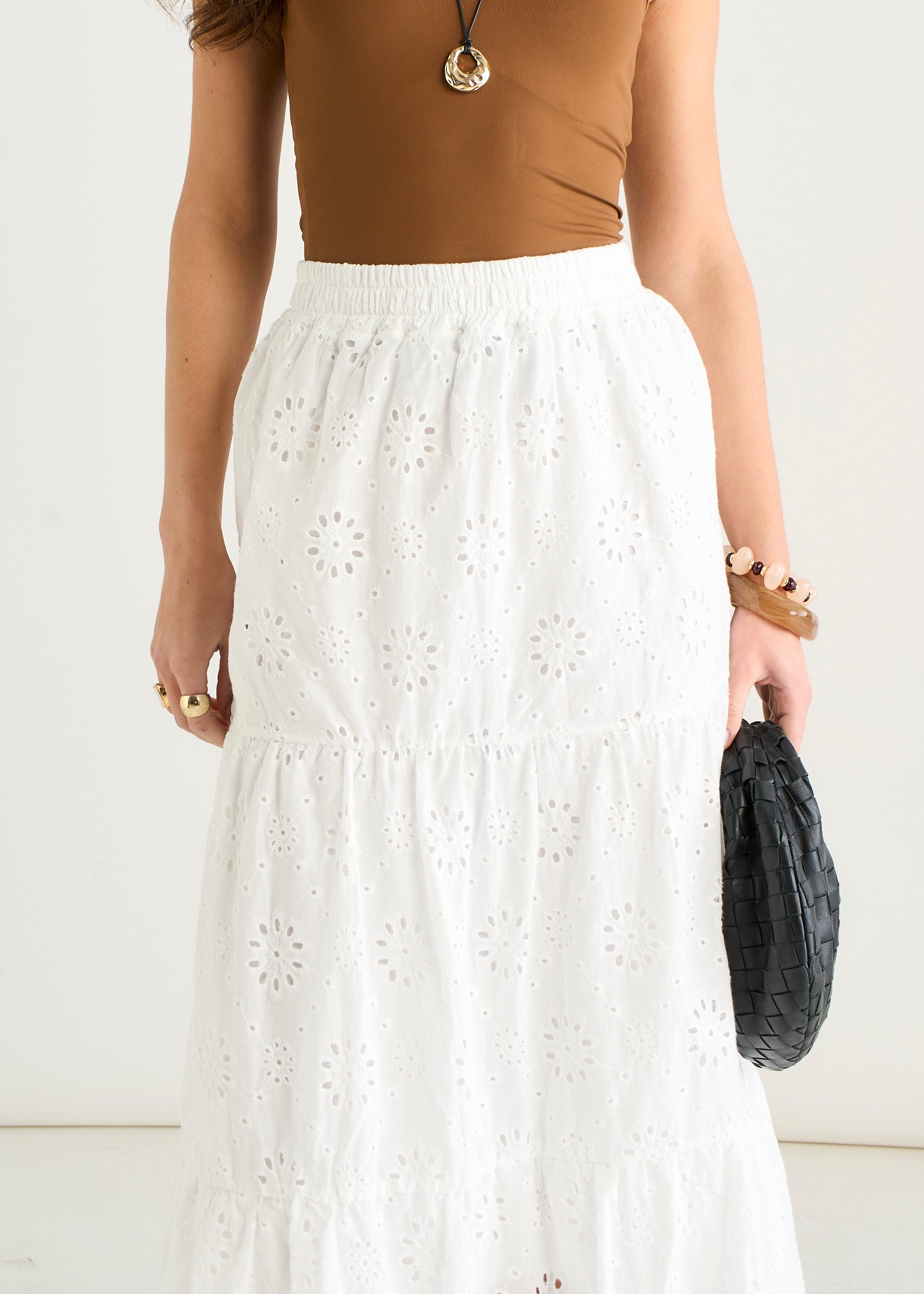 Gini London White Elasticated Waist Cotton Broderie Midaxi Skirt