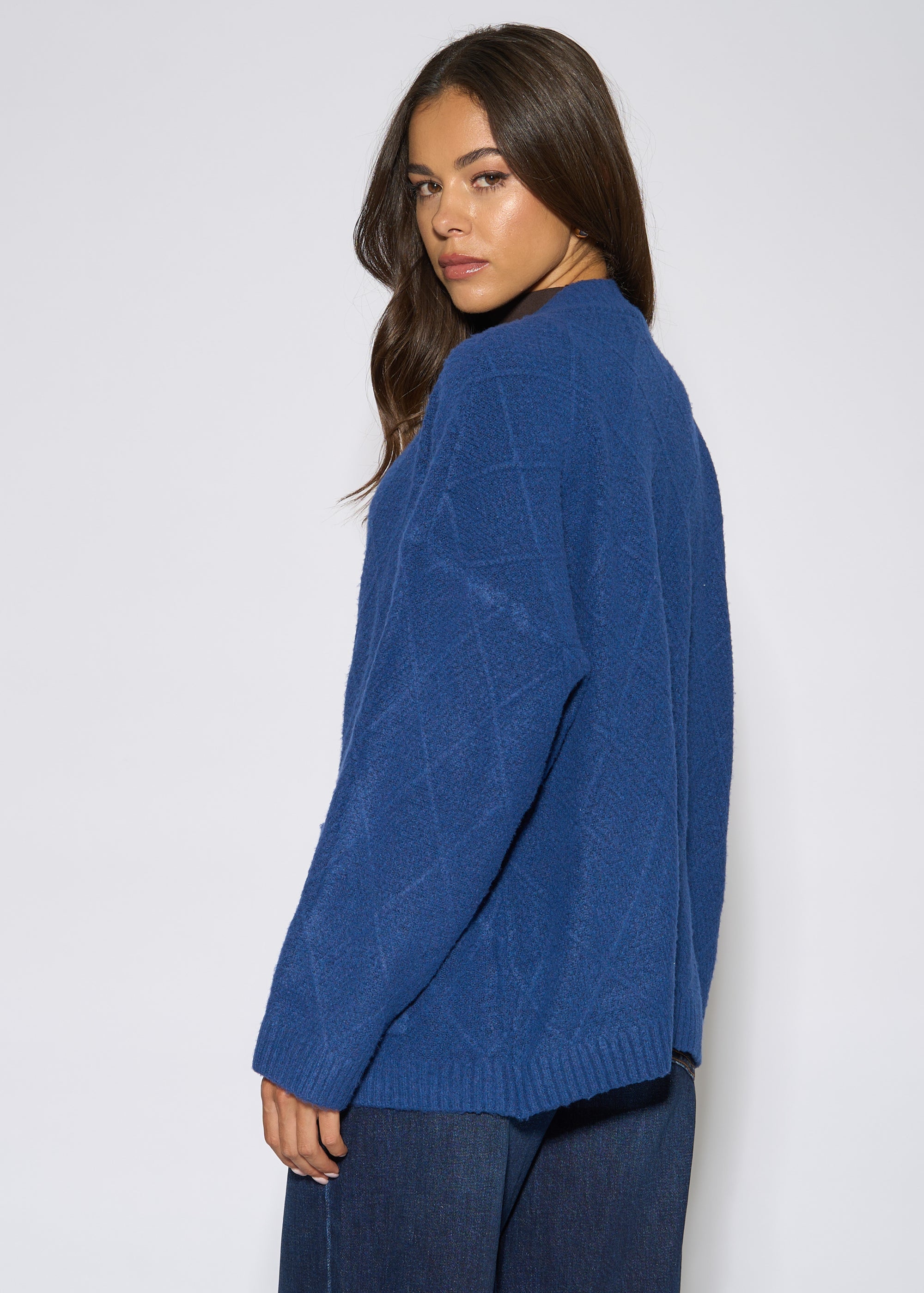 Gini London Blue Textured Button Detail Long Sleeves Cardigan