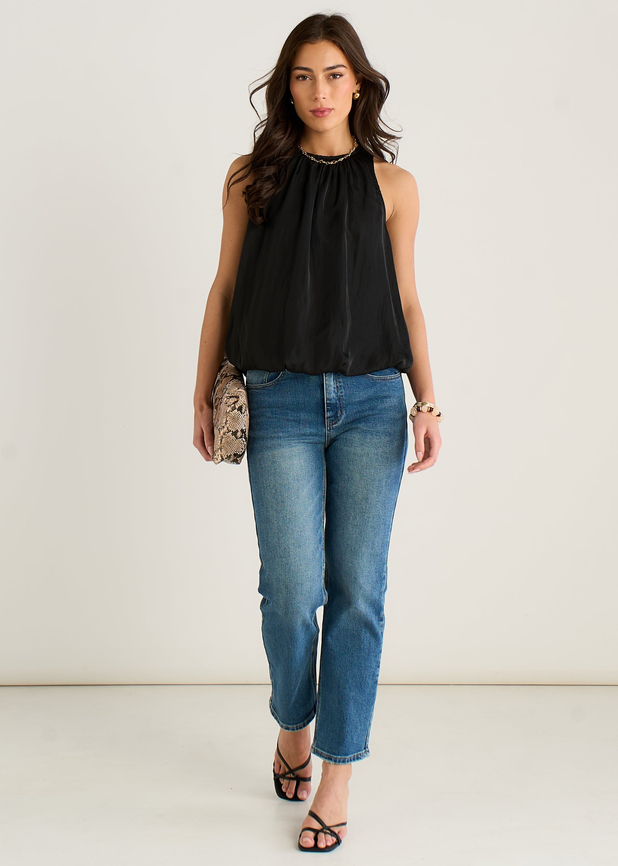 Gini London Black Sleeveless Gathered Neck Bubble Hem Top