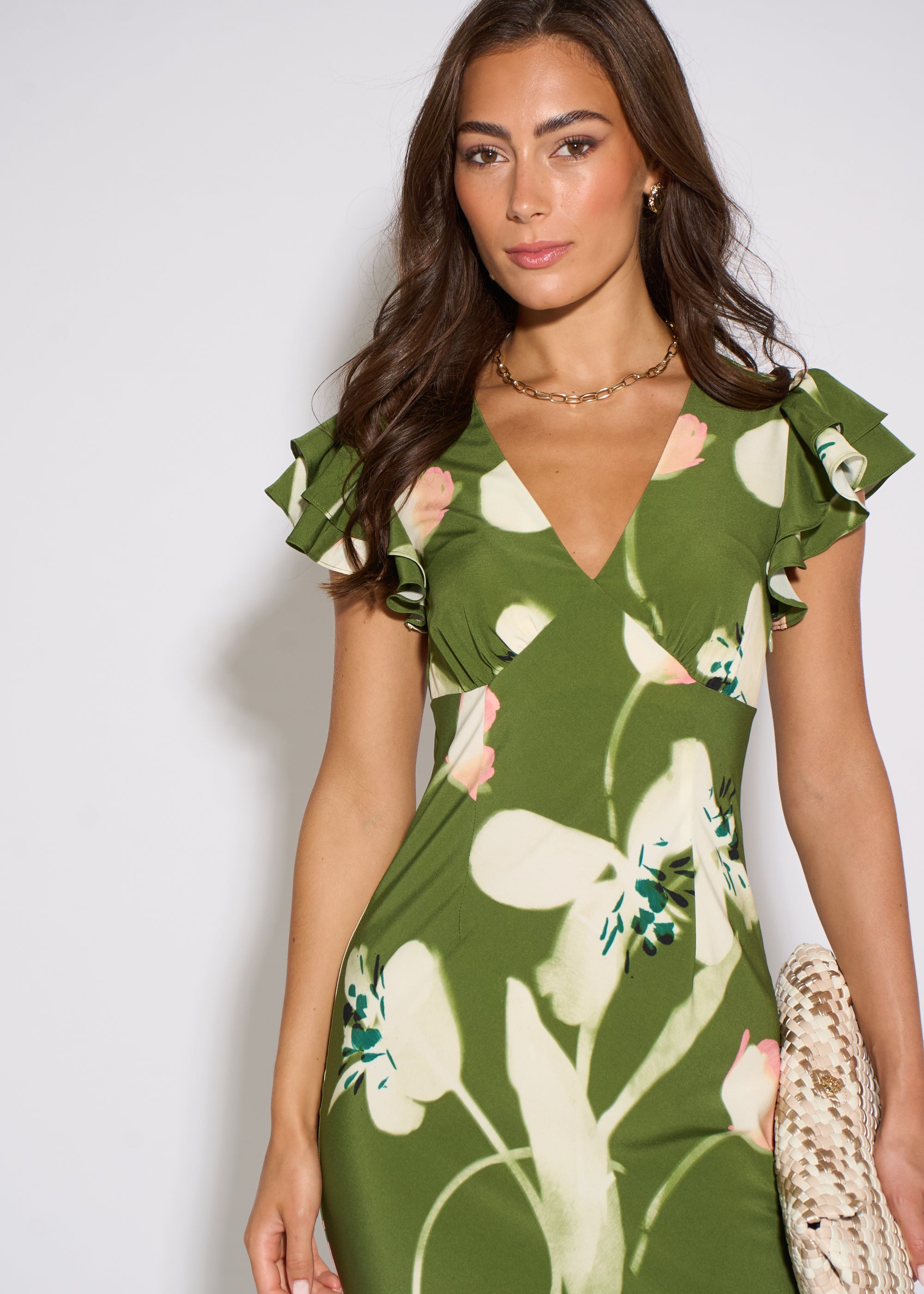 Gini London Green Floral Ruffle Maxi Dress