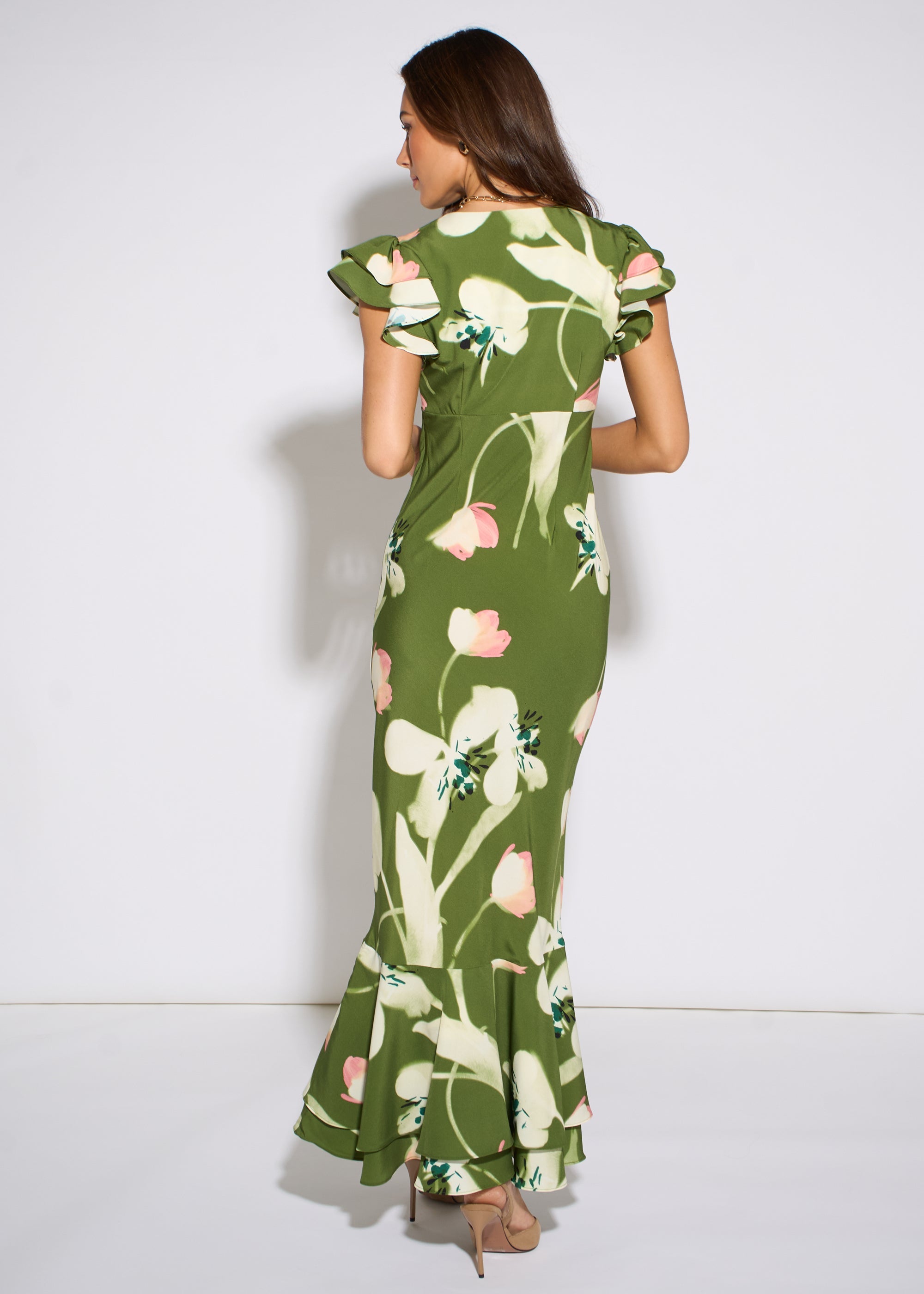 Gini London Green Floral Ruffle Maxi Dress