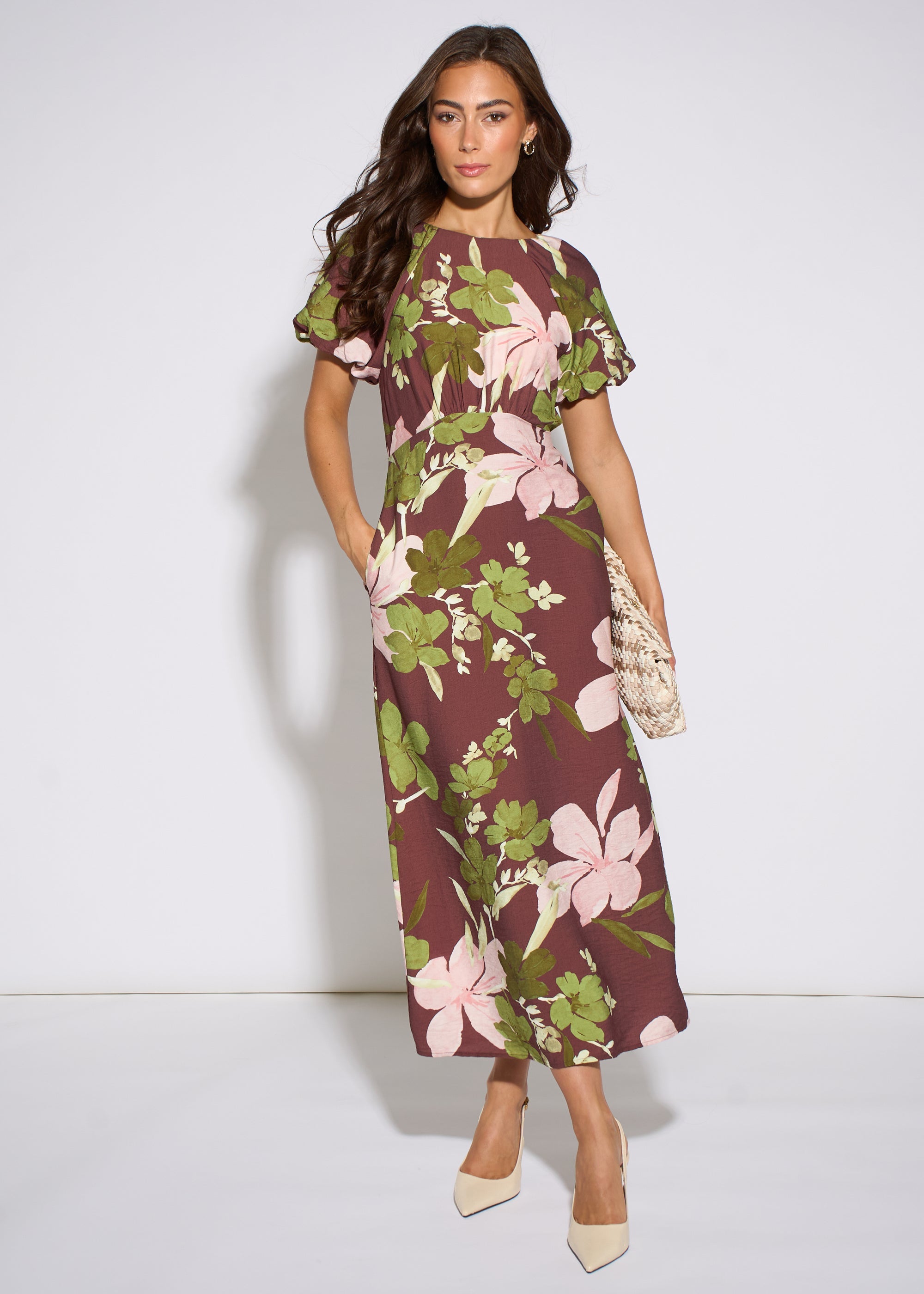 Gini London Brown Floral Puff Sleeves Midi Dress