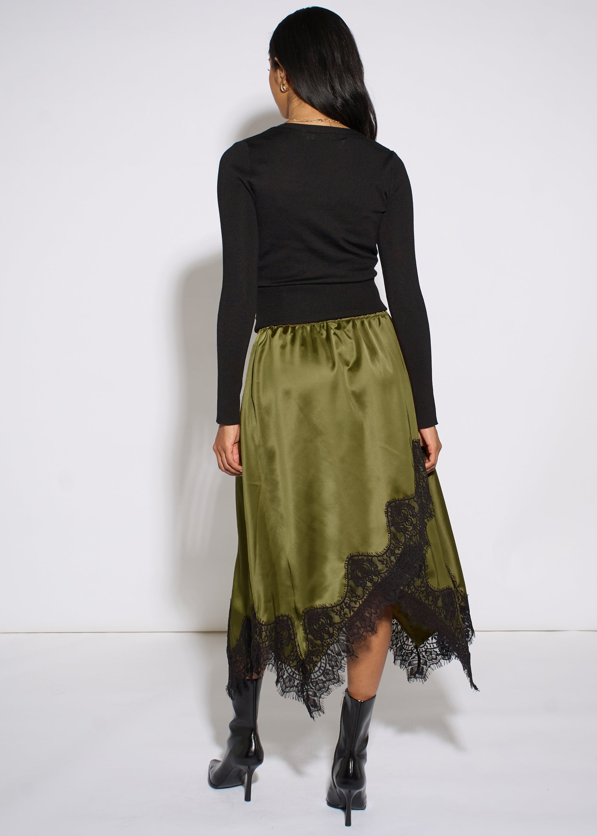 Gini London Khaki Satin Asymmetric Hem Contrast Lace Skirt